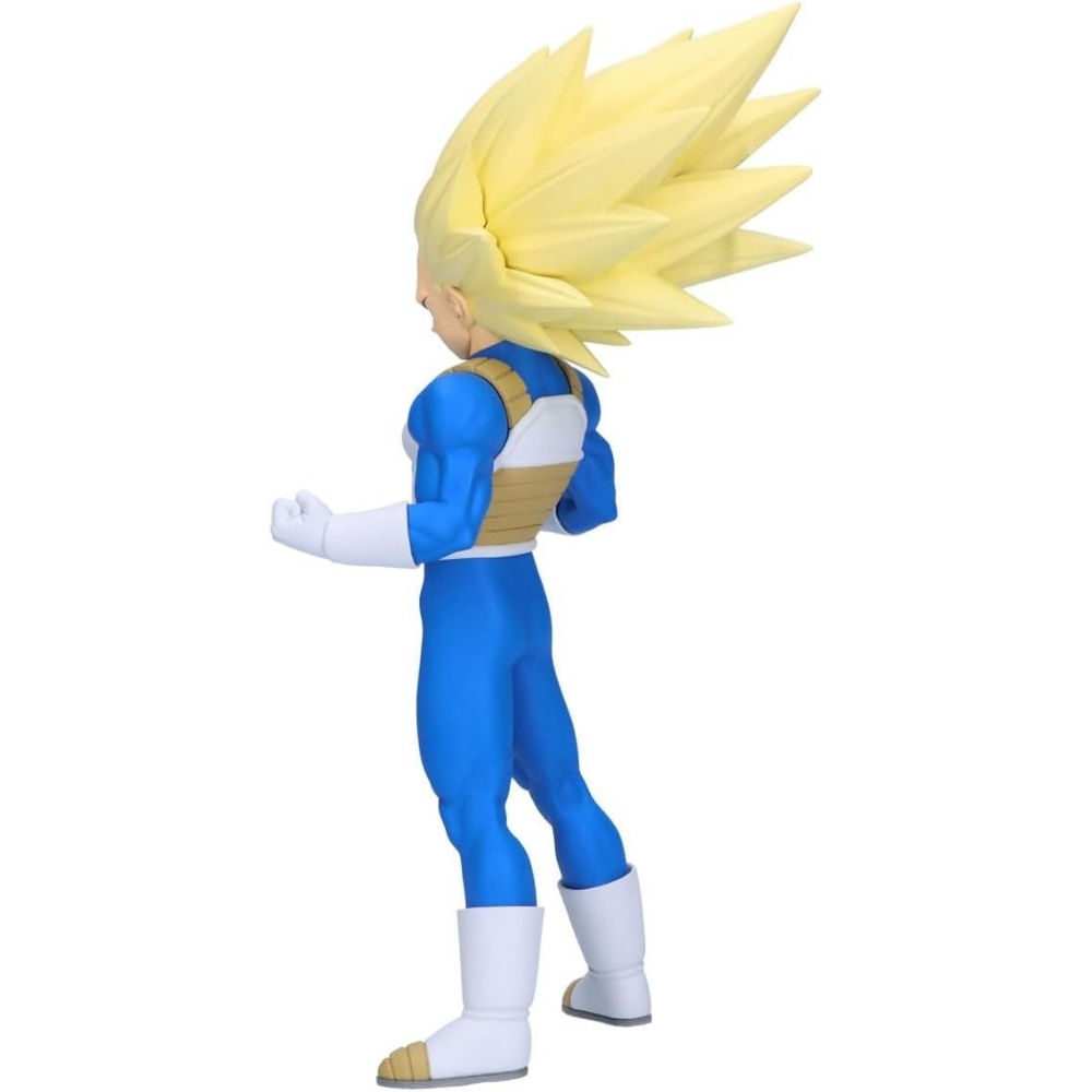Una figura de Vegeta con pelo amarillo, armadura azul y capa blanca.