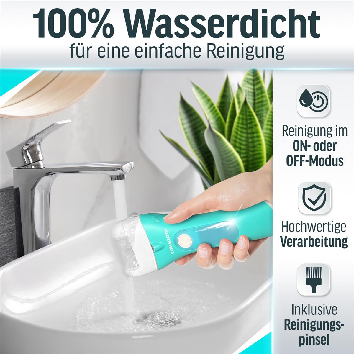 Eine türkise Epilierbürste wird unter fließendem Wasser in einem Waschbecken gereinigt.