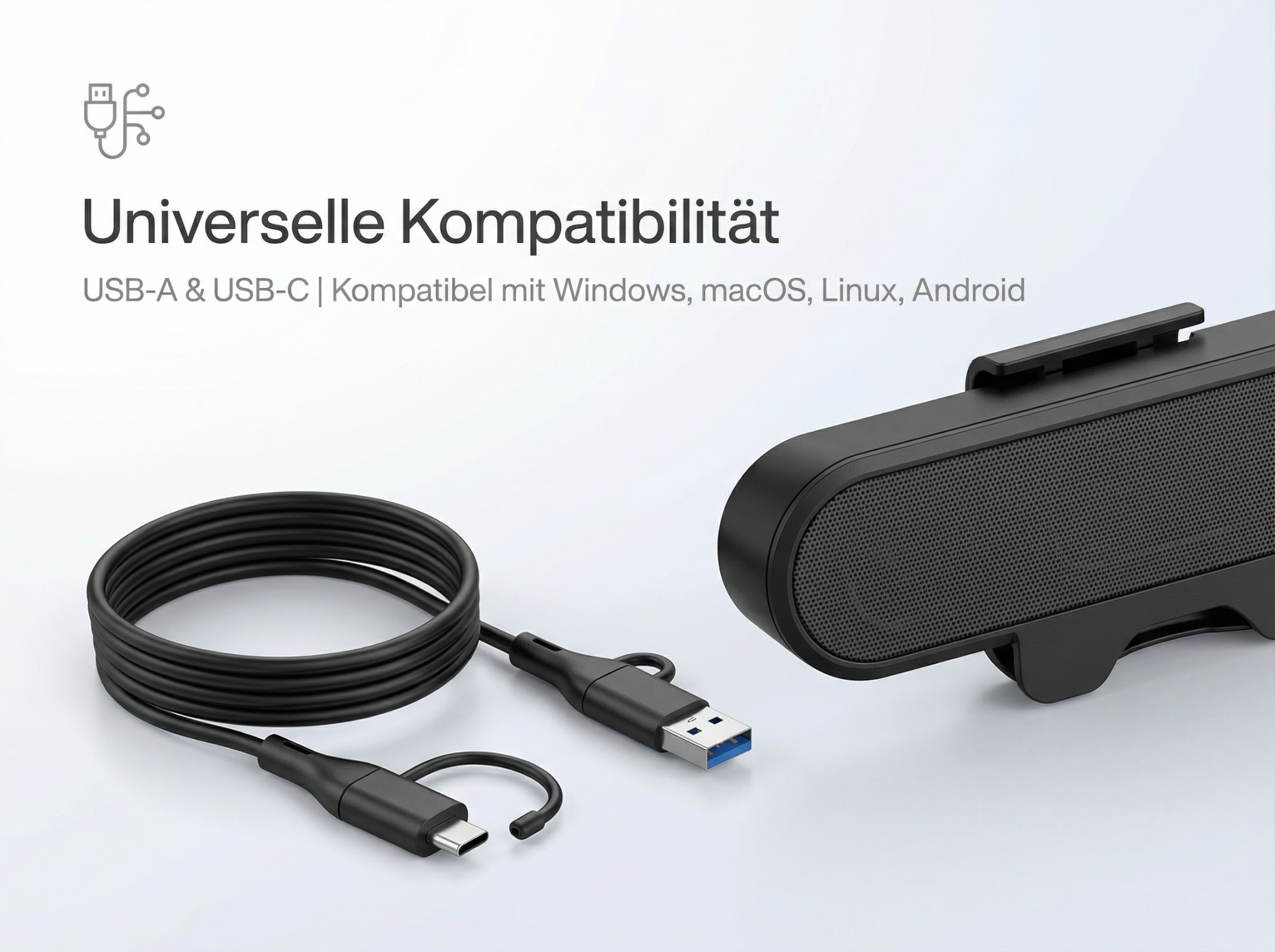 Schwarzer Lautsprecher mit USB-A- und USB-C-Kabel, kompatibel mit vielen Systemen.