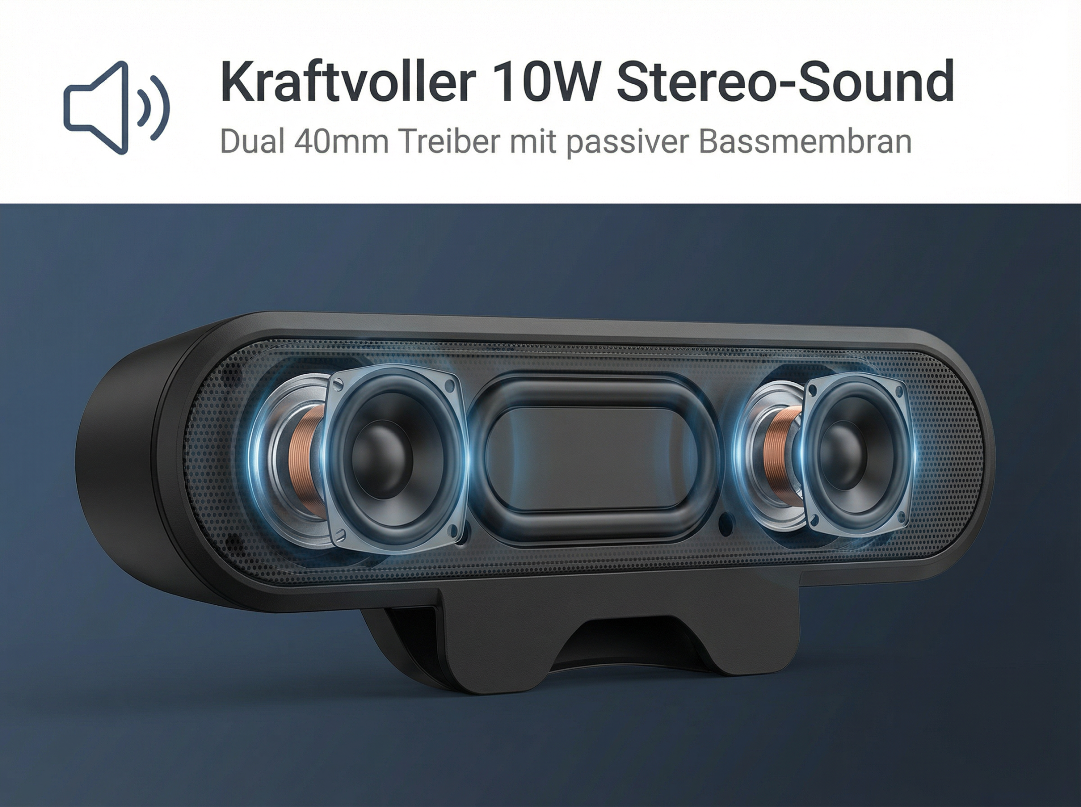 Schwarzer Lautsprecher mit zwei Treibern und passiver Membran.