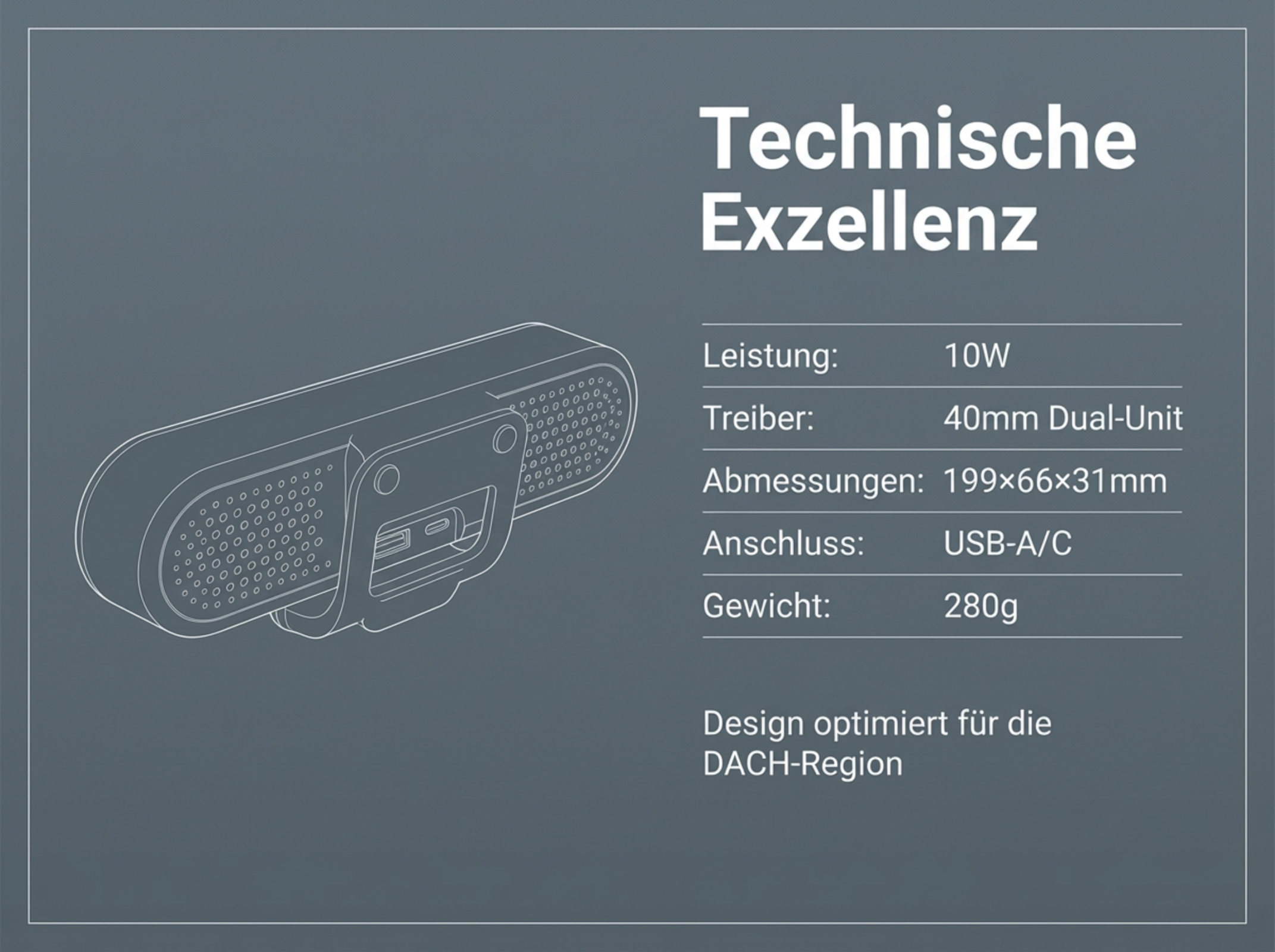 Technische Exzellenz: 10W Leistung, 40mm Dual-Unit Treiber, USB-A/C Anschluss.