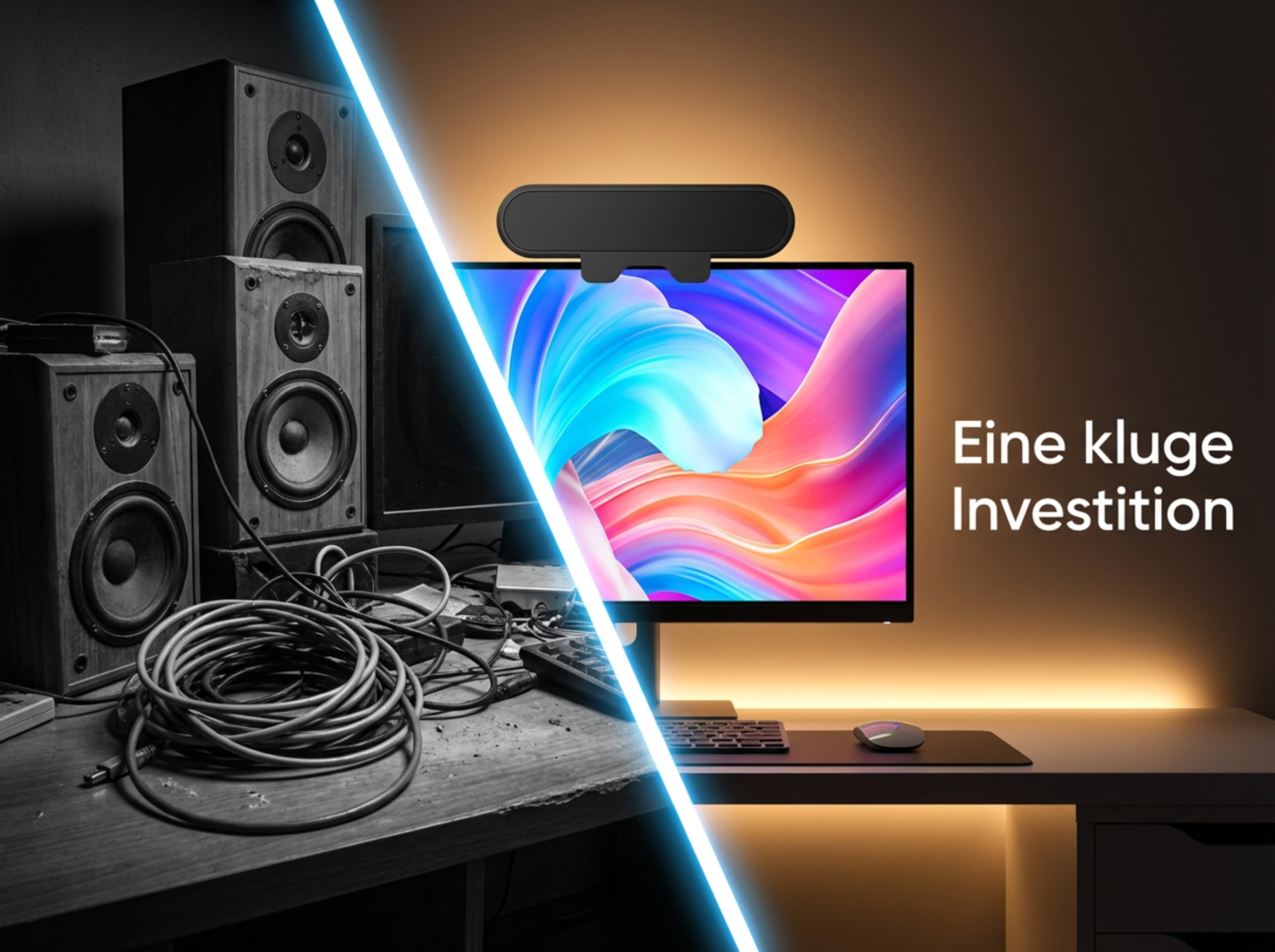 Vergleich von alten Lautsprechern mit Kabeln und einem modernen Computer-Setup.