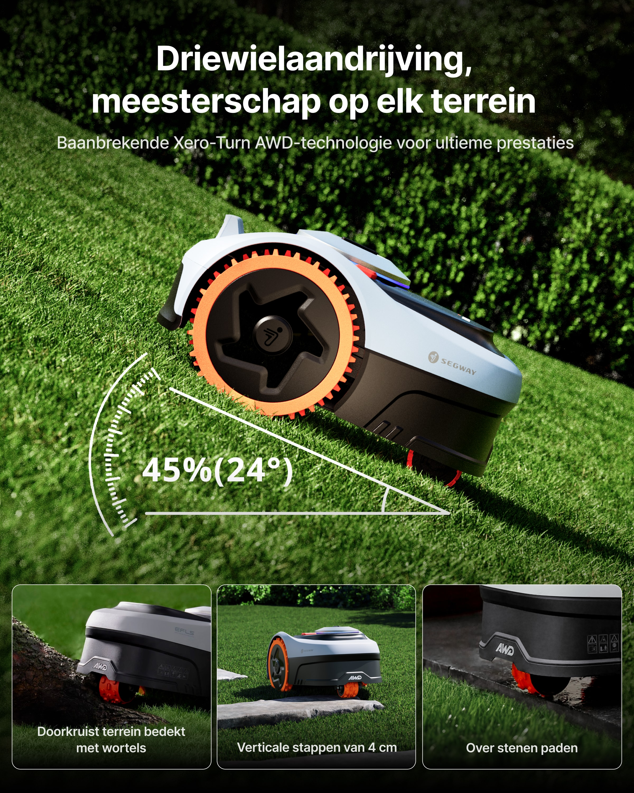 Biała i szara kosiarka robotyczna z pomarańczowymi kołami na trawniku.