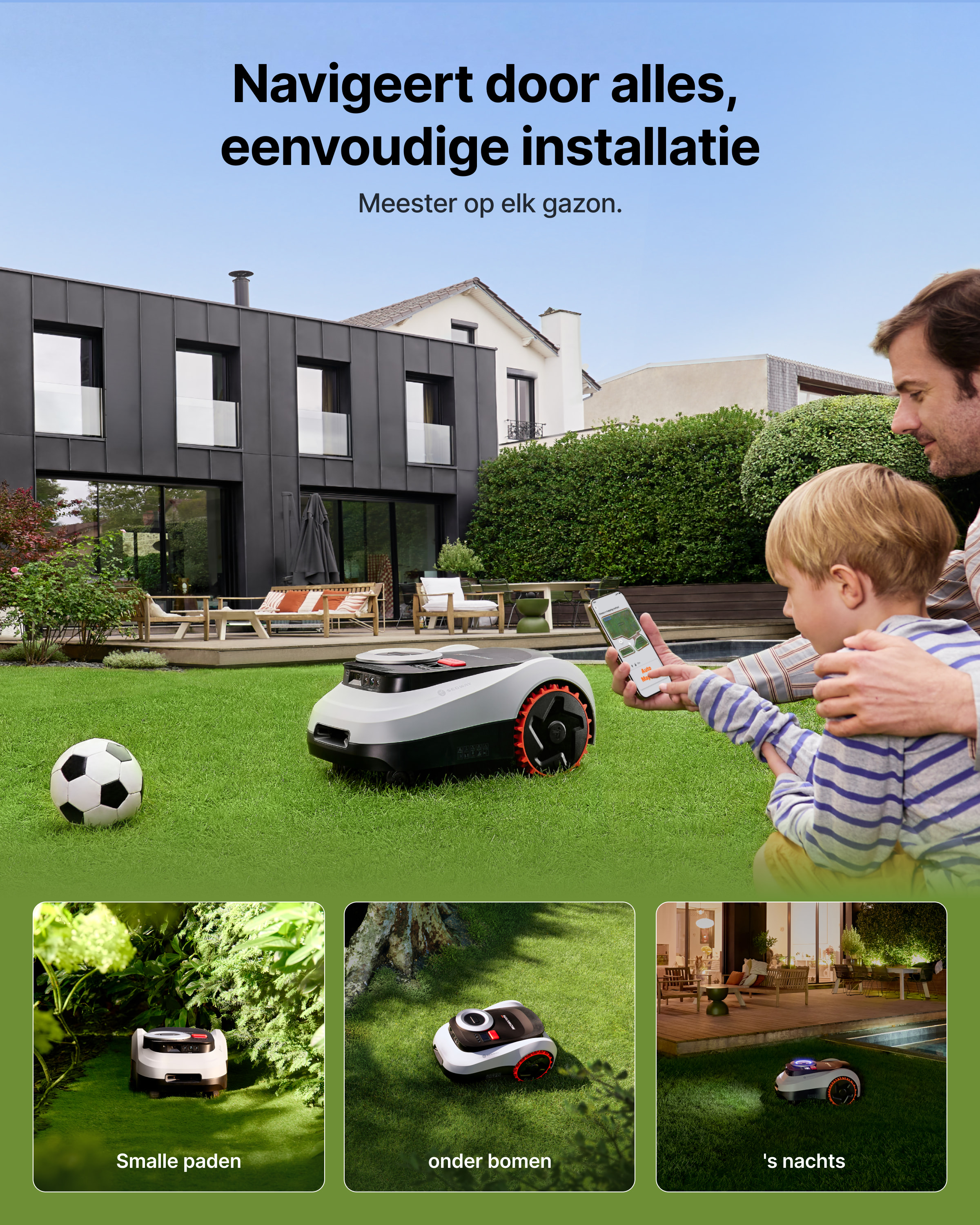 Robot koszący trawę na trawniku przed nowoczesnym domem. Mężczyzna i dziecko trzymają telefon.