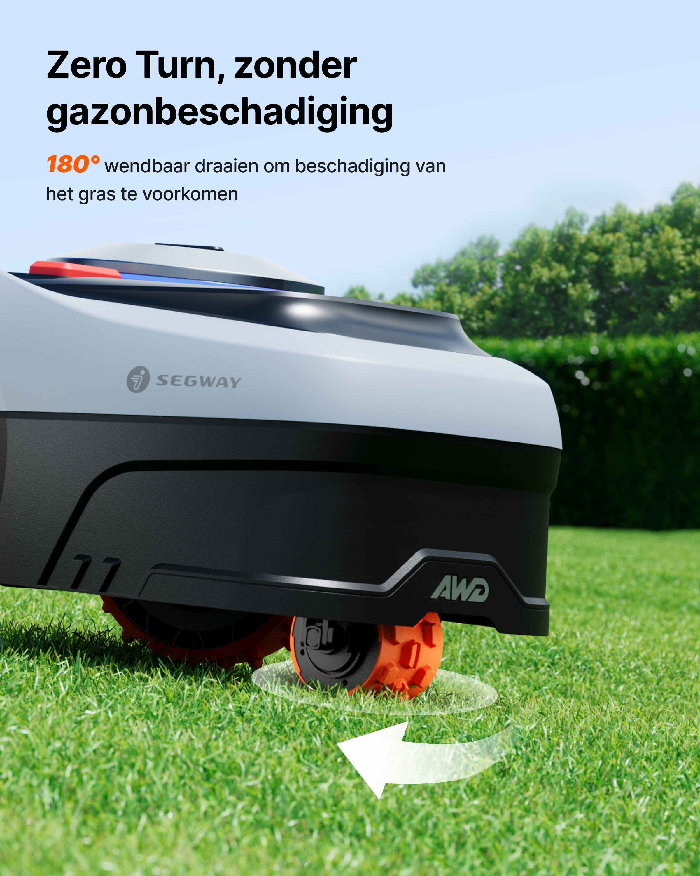 Robot koszący Segway obraca się na zielonej trawie. Widoczne logo AWD.