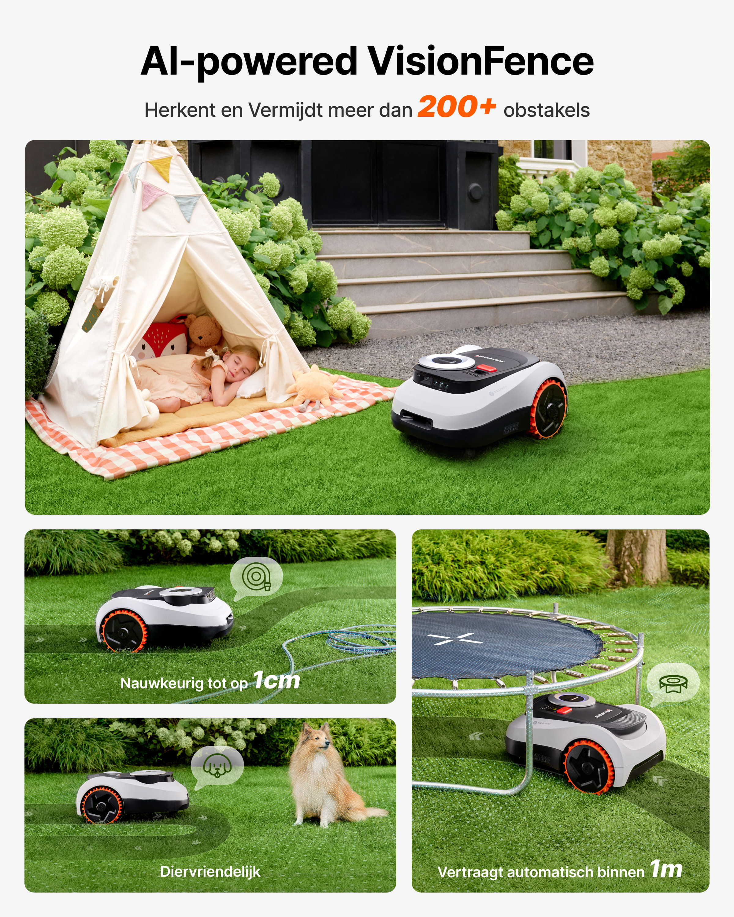 Kosiarka robot wykrywa przeszkody i zwalnia. Dziecko śpi w namiocie.