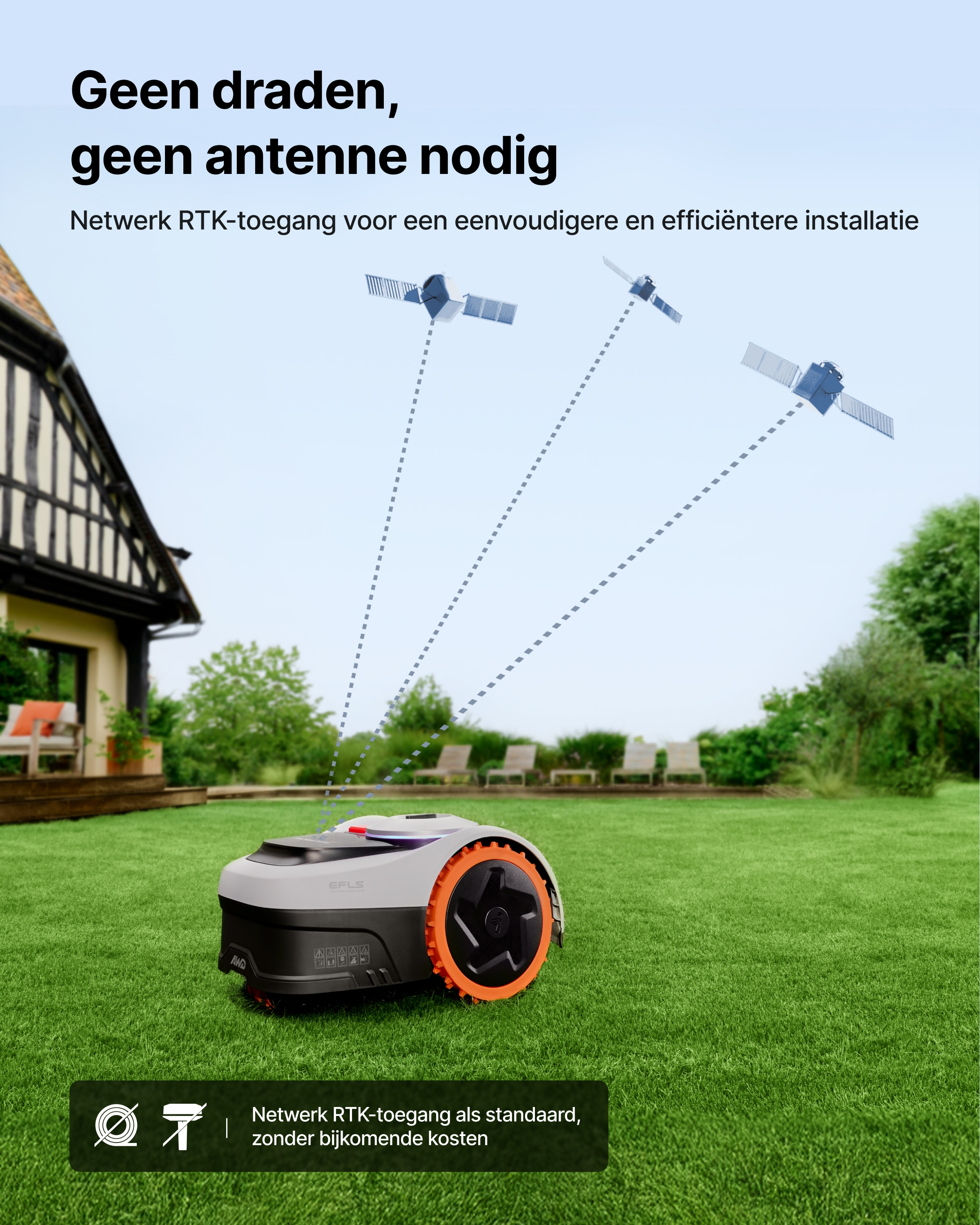 Robot koszący trawę na trawniku przed domem, z satelitami na niebie.