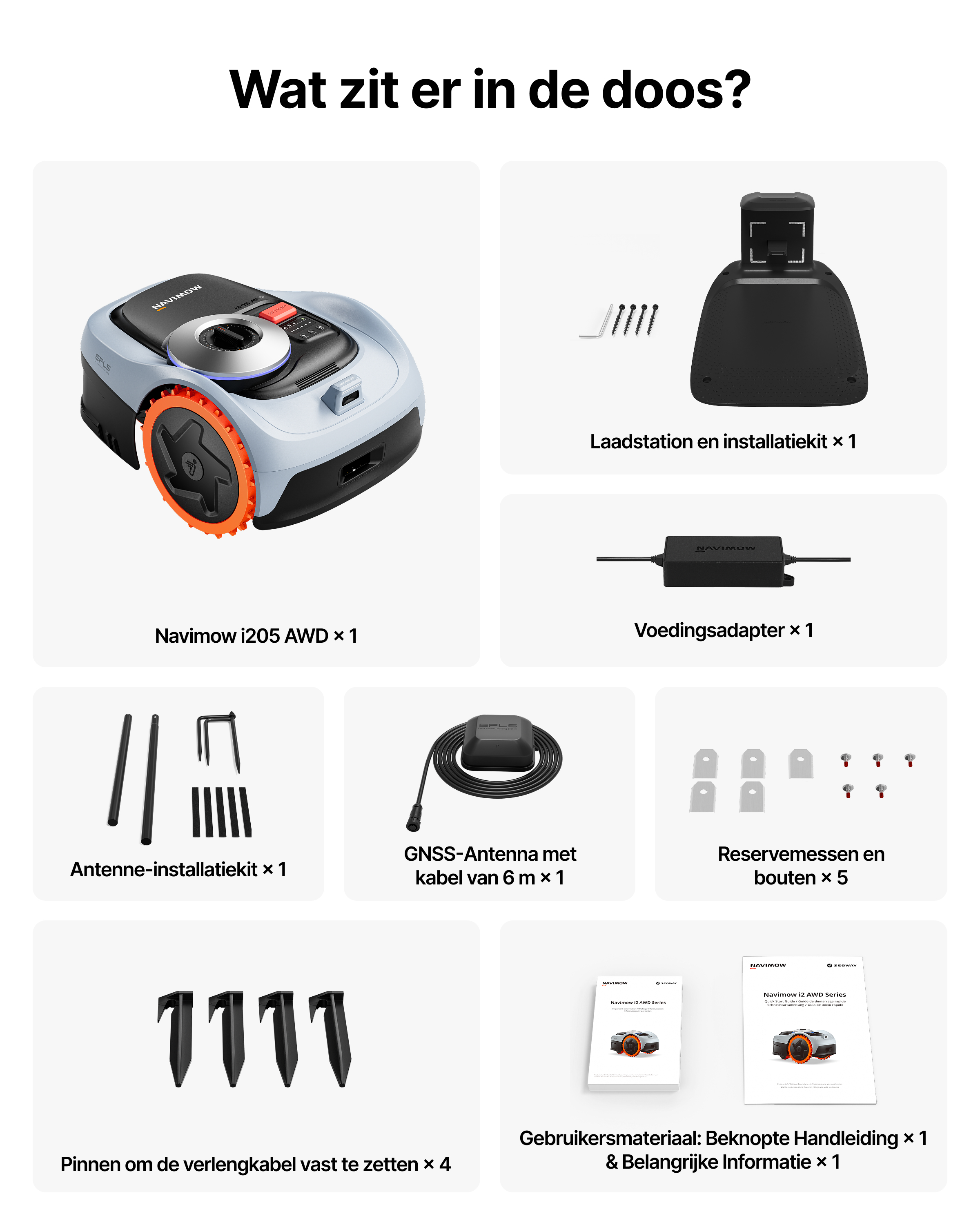 De inhoud van een Navimow robotgrasmaaier doos, incl. laadstation en accessoires.