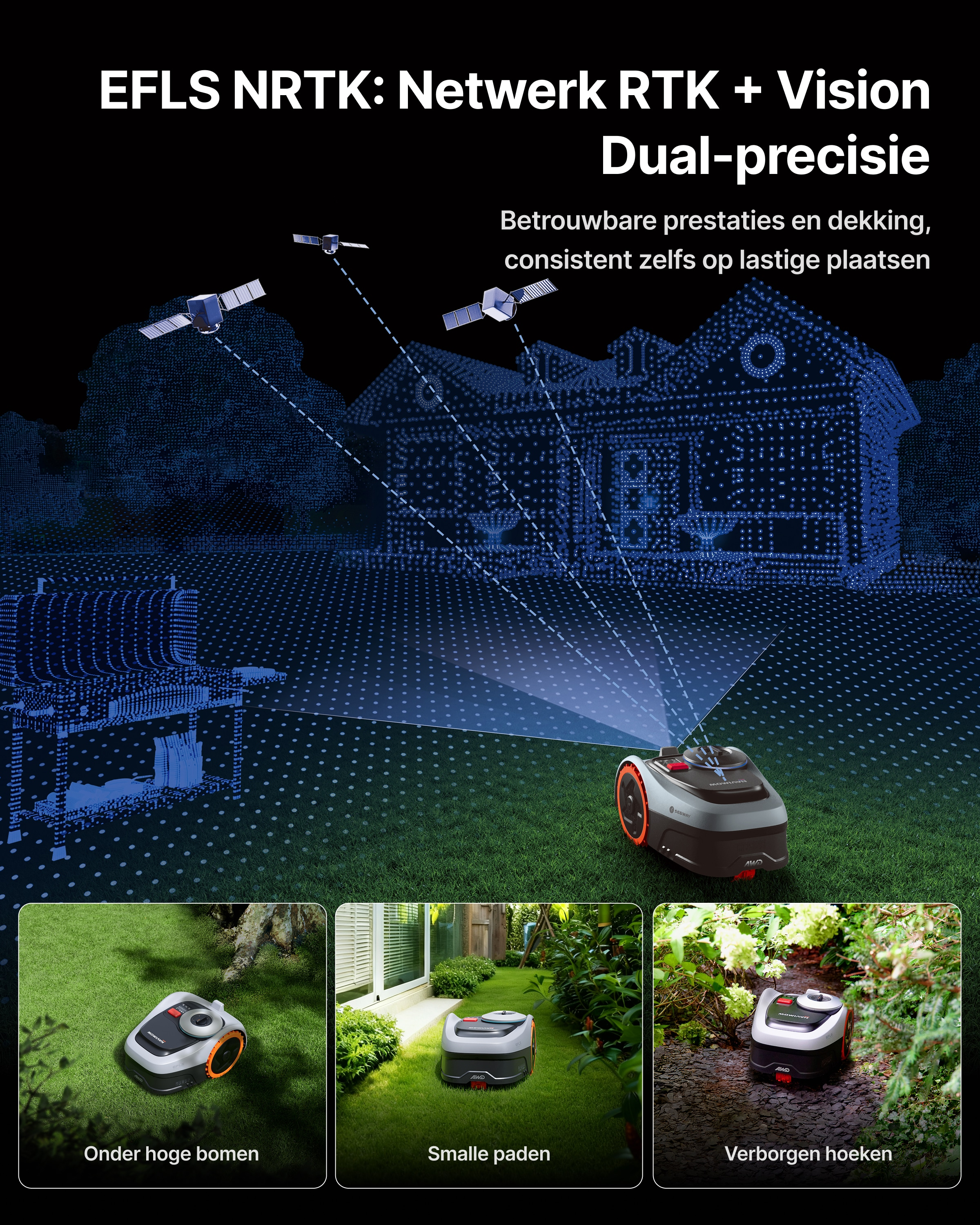 Robot koszący pod drzewami, na wąskich ścieżkach i w ukrytych zakątkach.