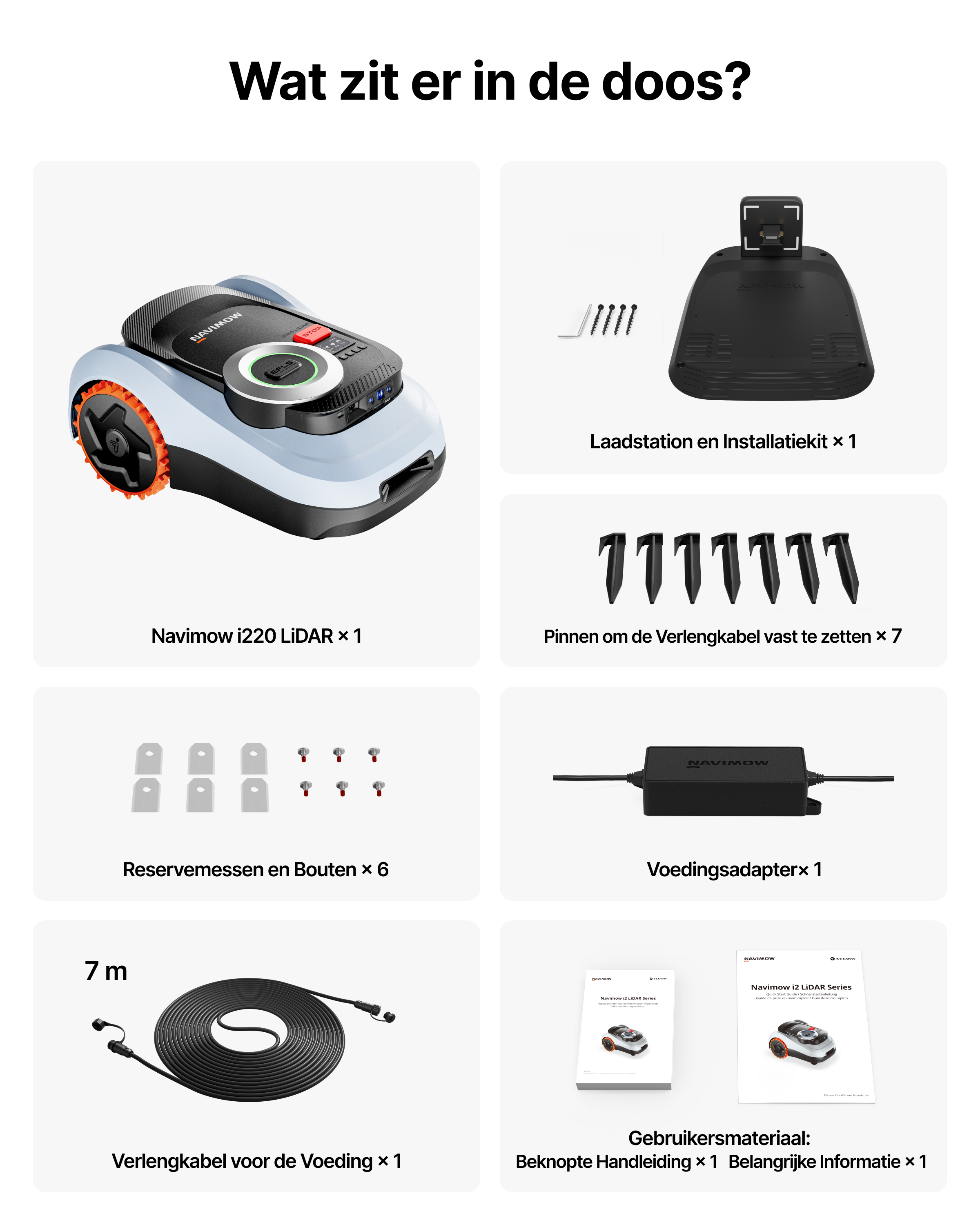 Zawartość pudełka: Kosiarka, stacja ładująca, kable, części zamienne i instrukcje.