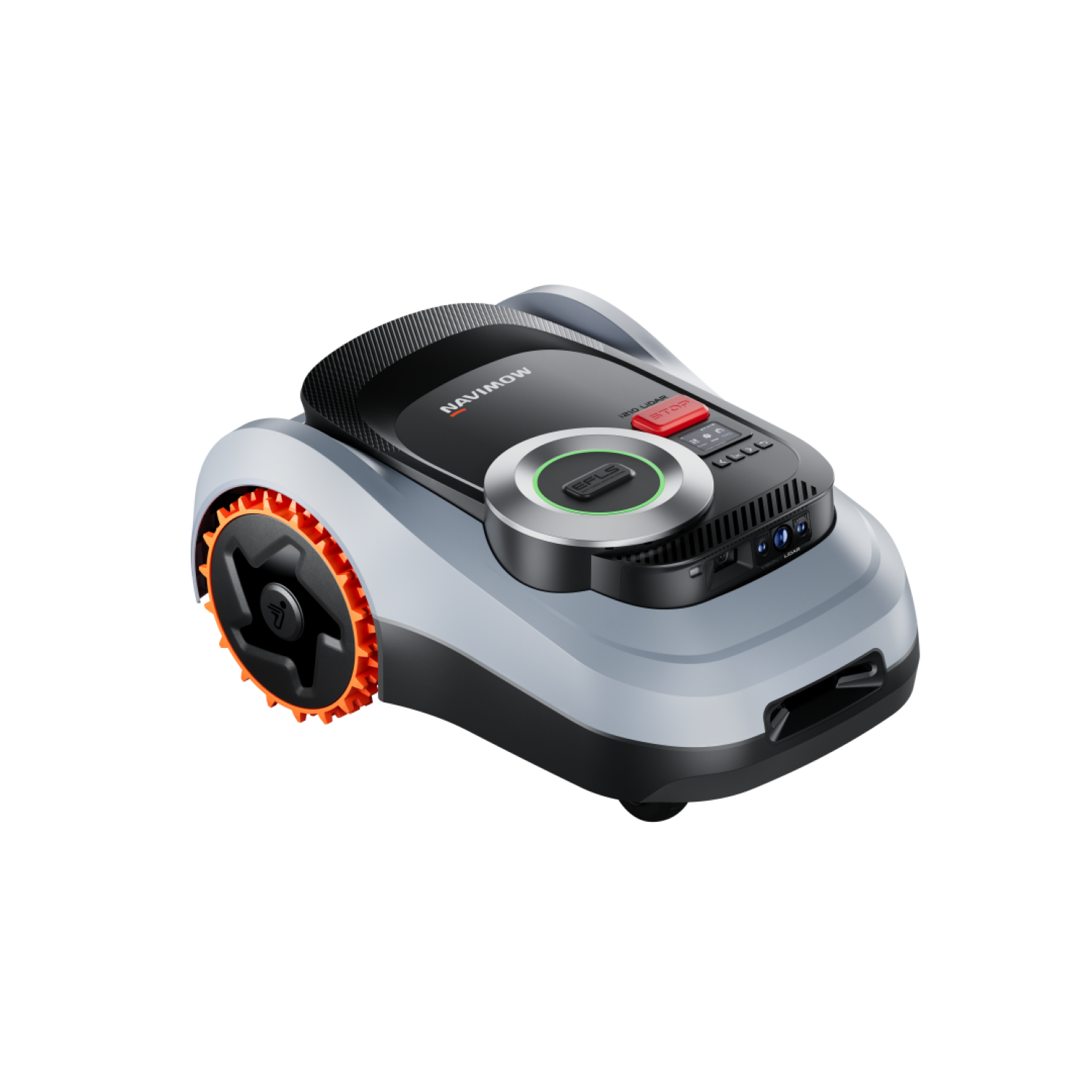 Szara kosiarka automatyczna z czarno-pomarańczowymi akcentami na białym tle.