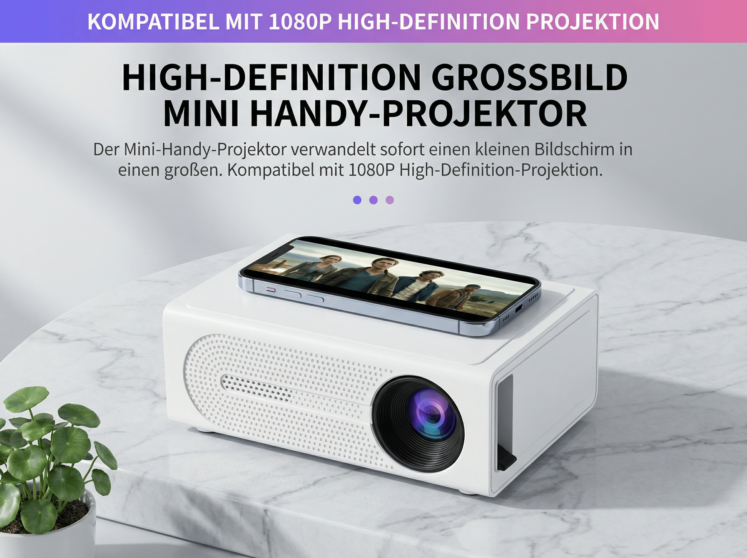 Ein weißer Mini-Projektor mit einem Smartphone, das einen Film zeigt.