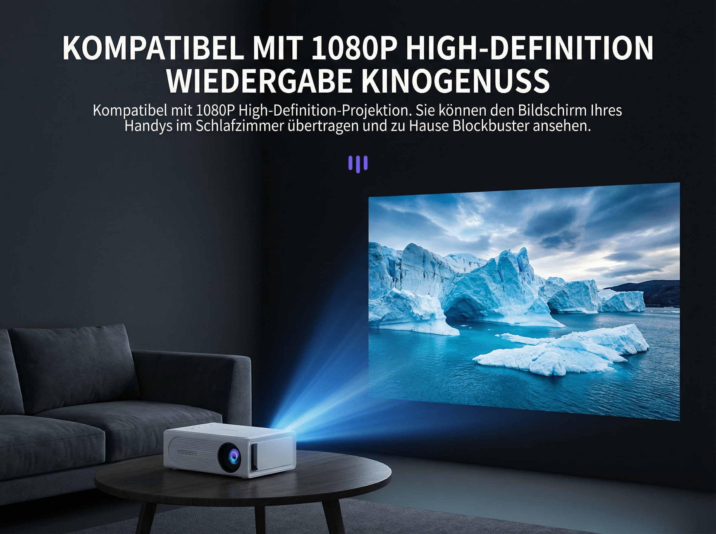 Ein weißer Projektor wirft ein Bild von Eisbergen auf eine Wand.