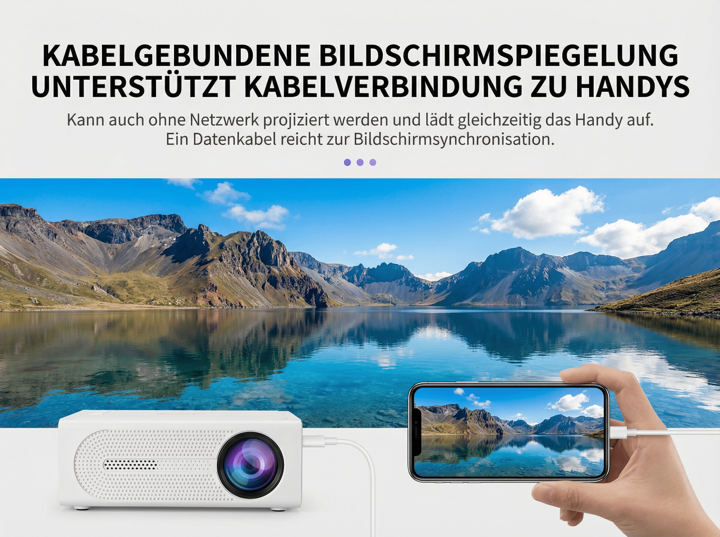 Ein weißer Projektor spiegelt ein Handybild eines Sees und Berge.