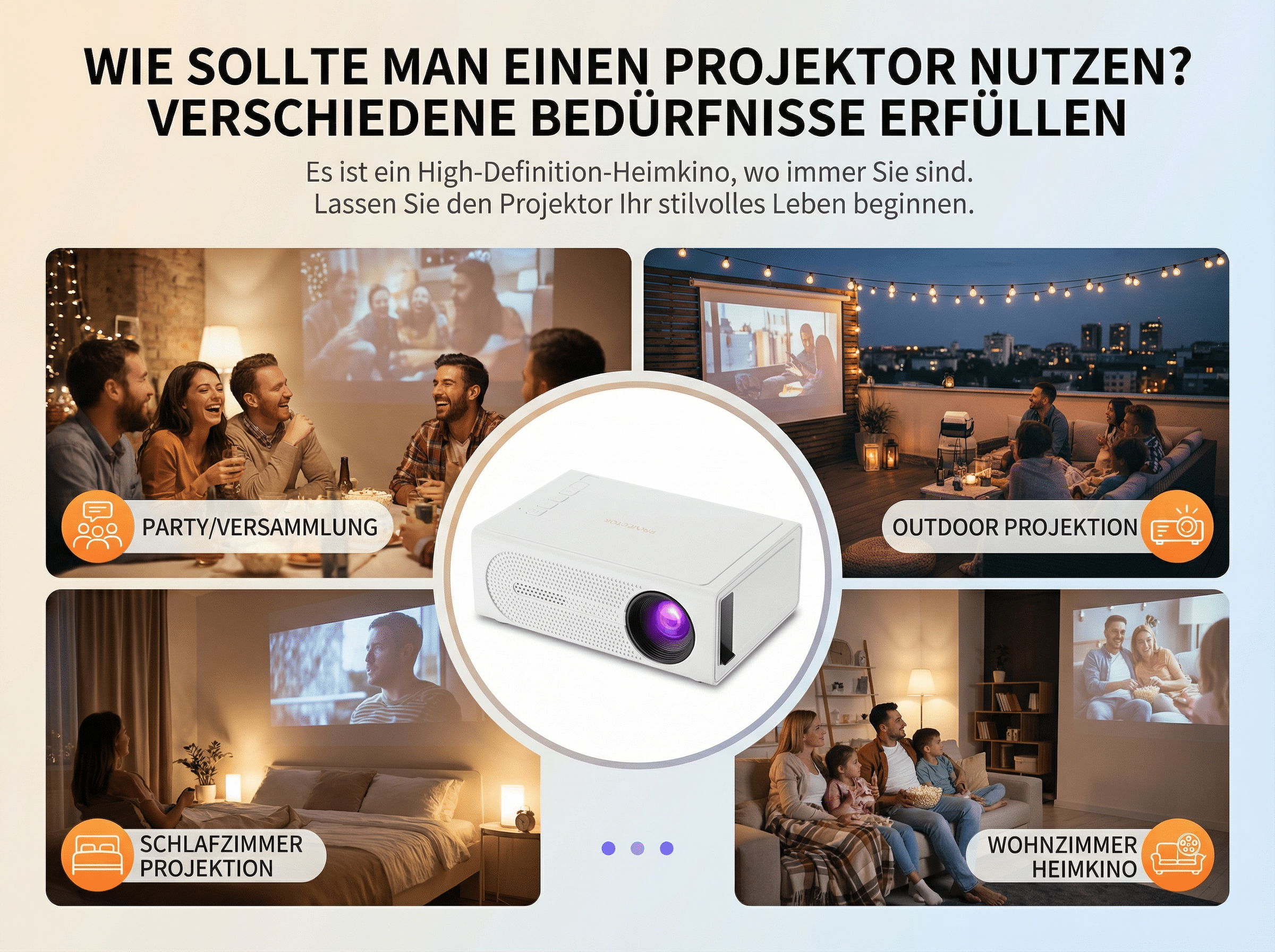 Ein Projektor wird für Partys, draußen, im Schlafzimmer und Wohnzimmer gezeigt.