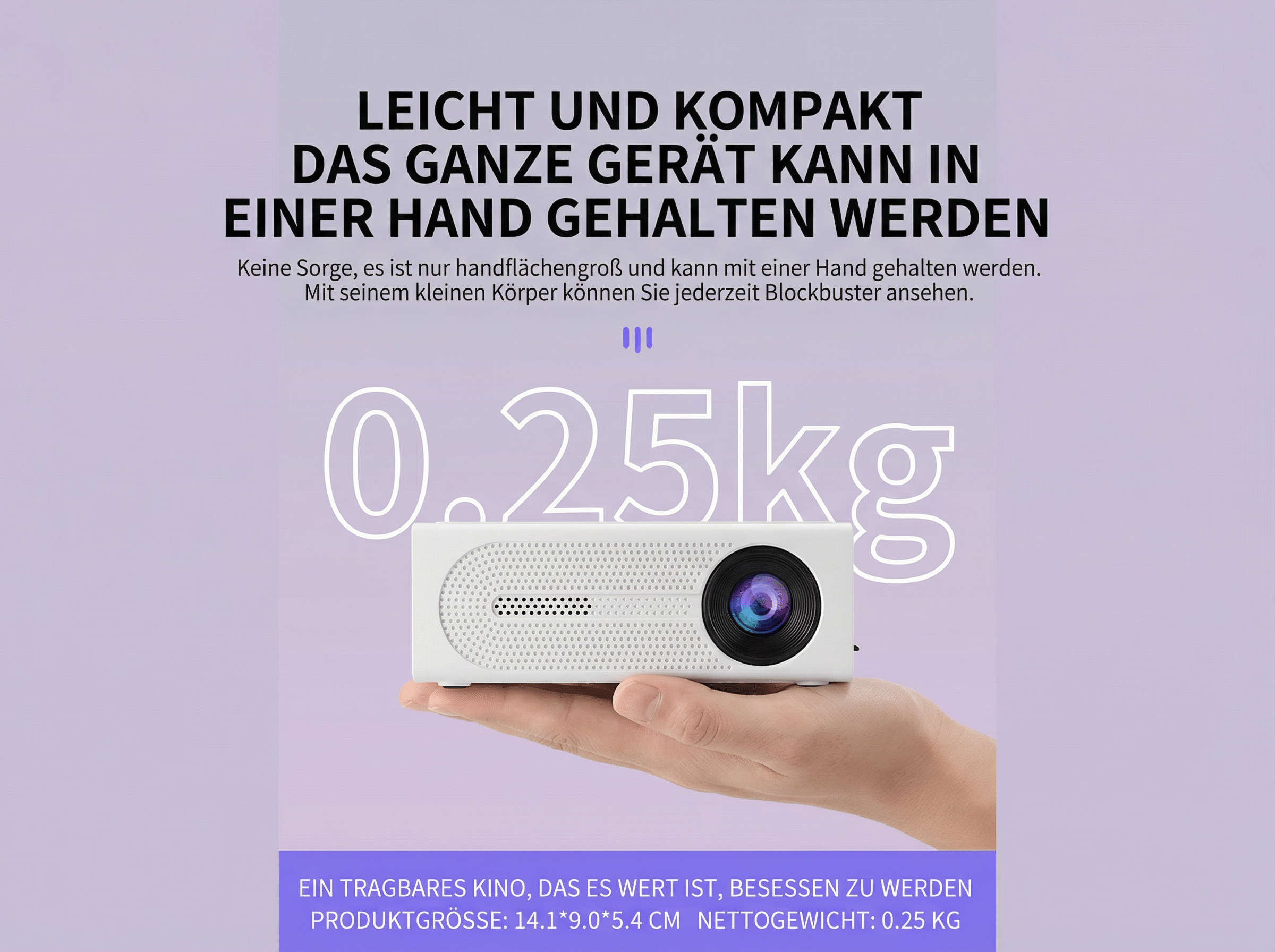 Ein weißer Projektor mit Linse, gehalten in einer Hand. Gewicht 0,25 kg.