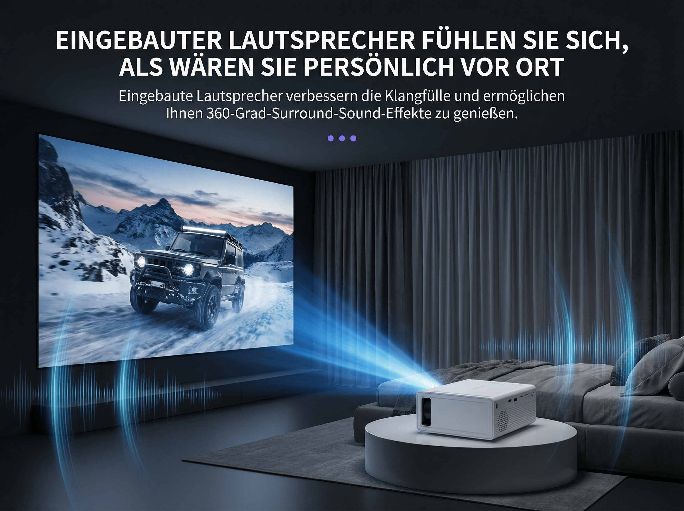 Ein Projektor projiziert ein Bild eines Autos in den Bergen. Blaue Schallwellen.