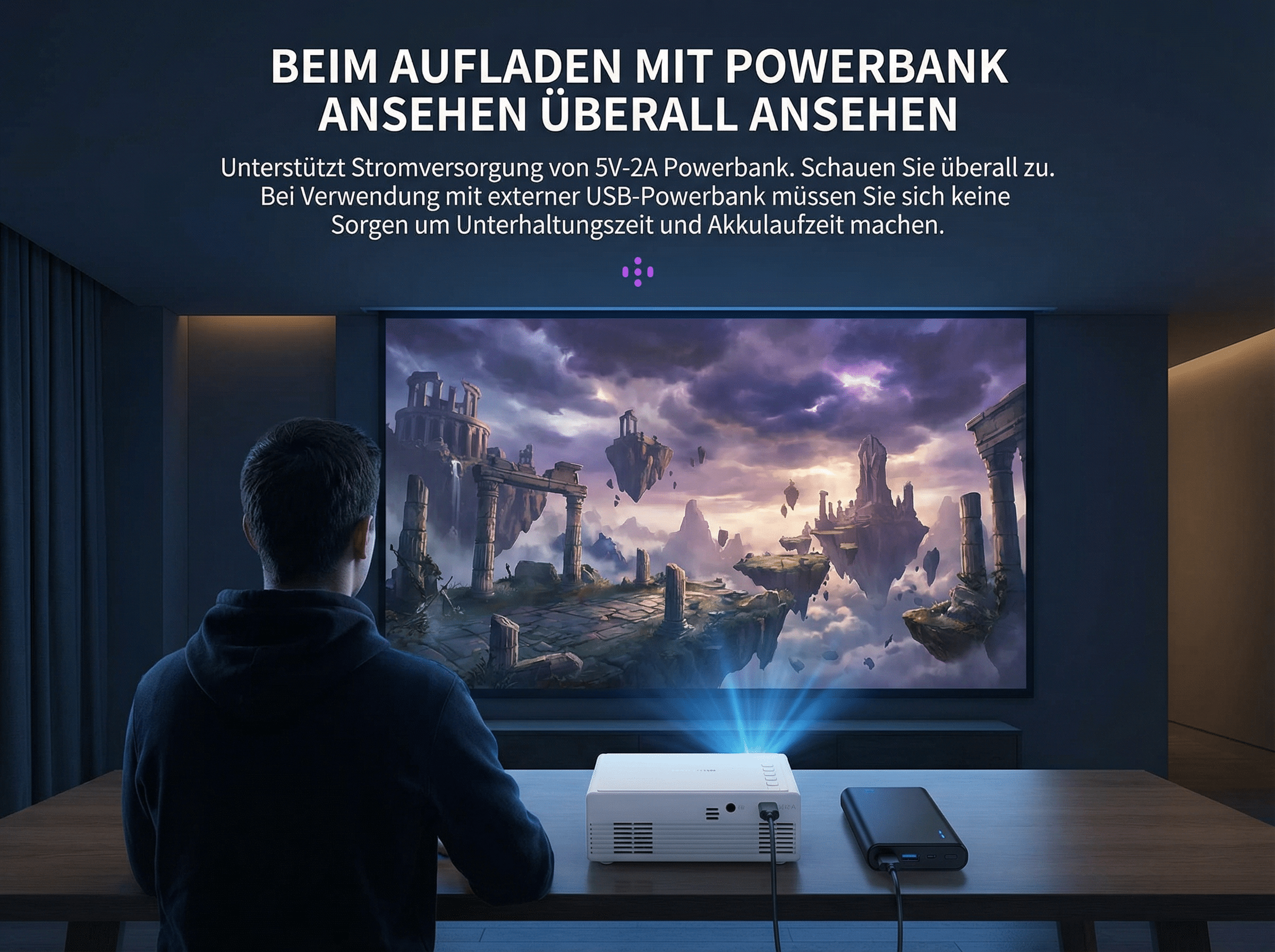 Mann schaut auf Projektor, der eine Fantasiewelt auf einen Bildschirm projiziert.