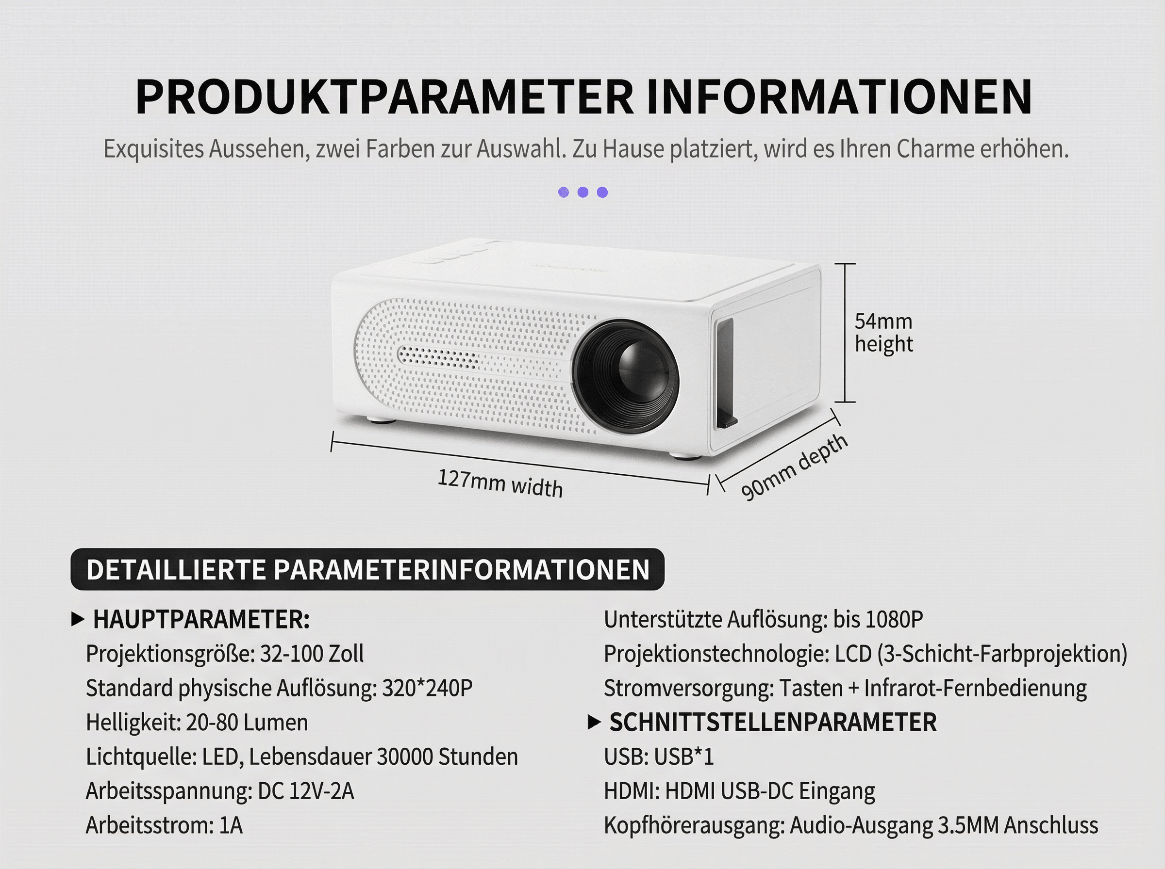 Ein weißer Projektor mit Maßen: 127mm Breite, 90mm Tiefe, 54mm Höhe.