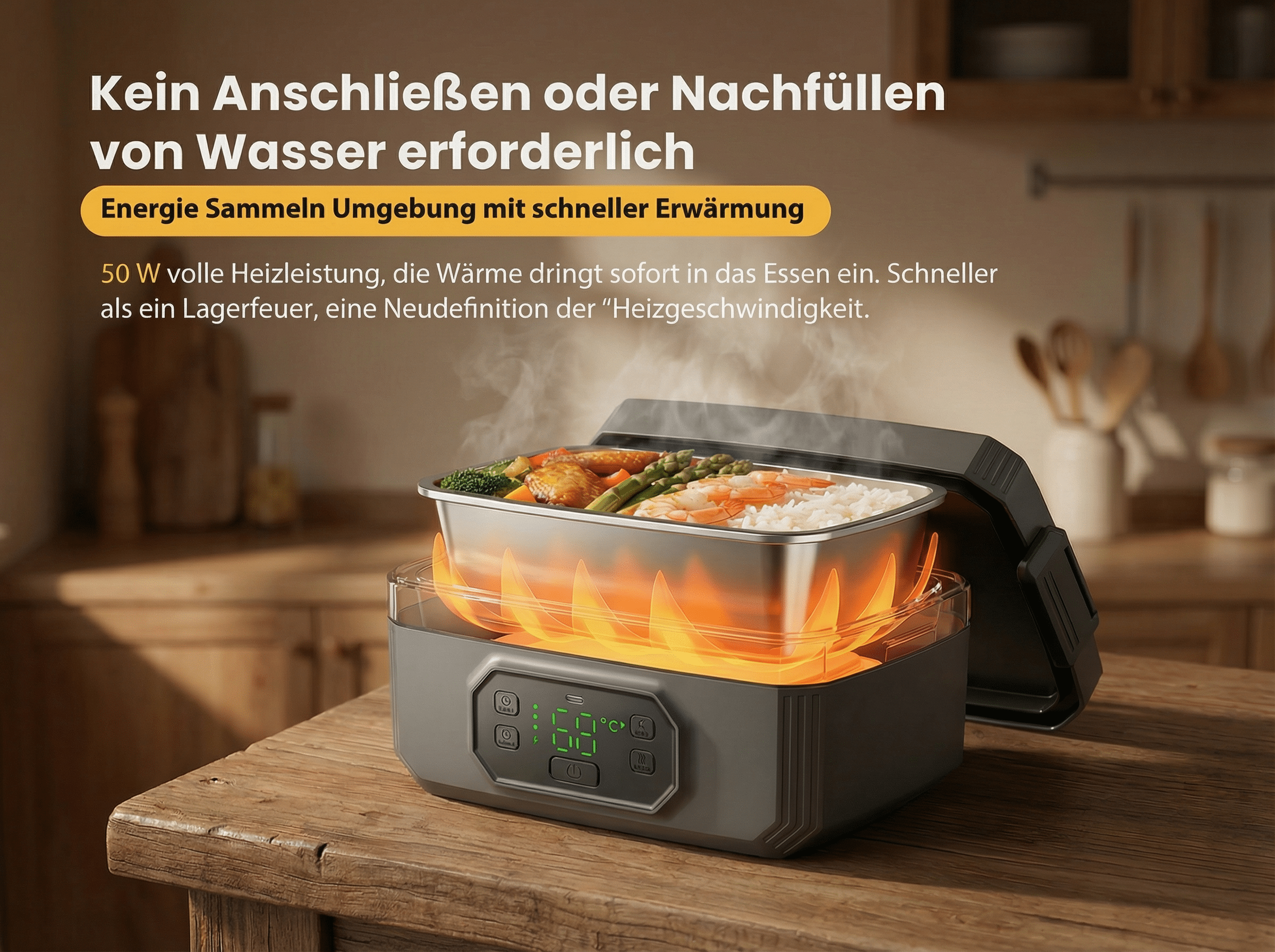 Ein elektrischer Lunchbox-Wärmer mit Essen, der auf einem Holztisch steht.