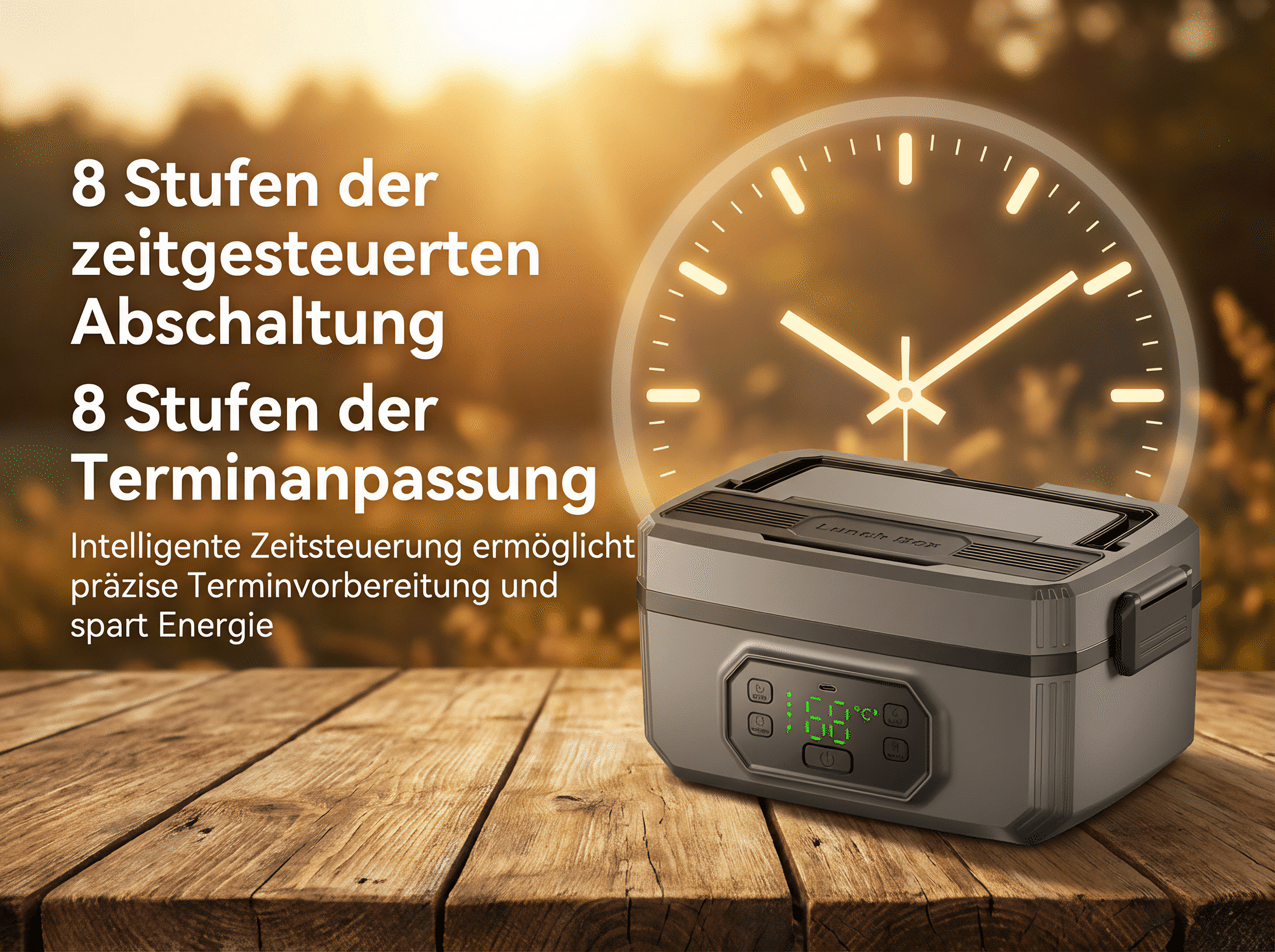 Ein grauer Lunchbox-Behälter auf einem Holztisch mit einer Uhr im Hintergrund.