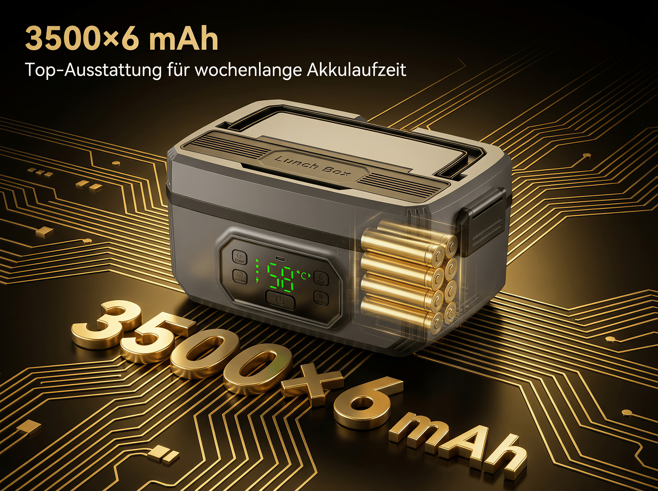 Graue Lunchbox mit 6 Batterien, digitale Anzeige, auf Leiterplattendesign.