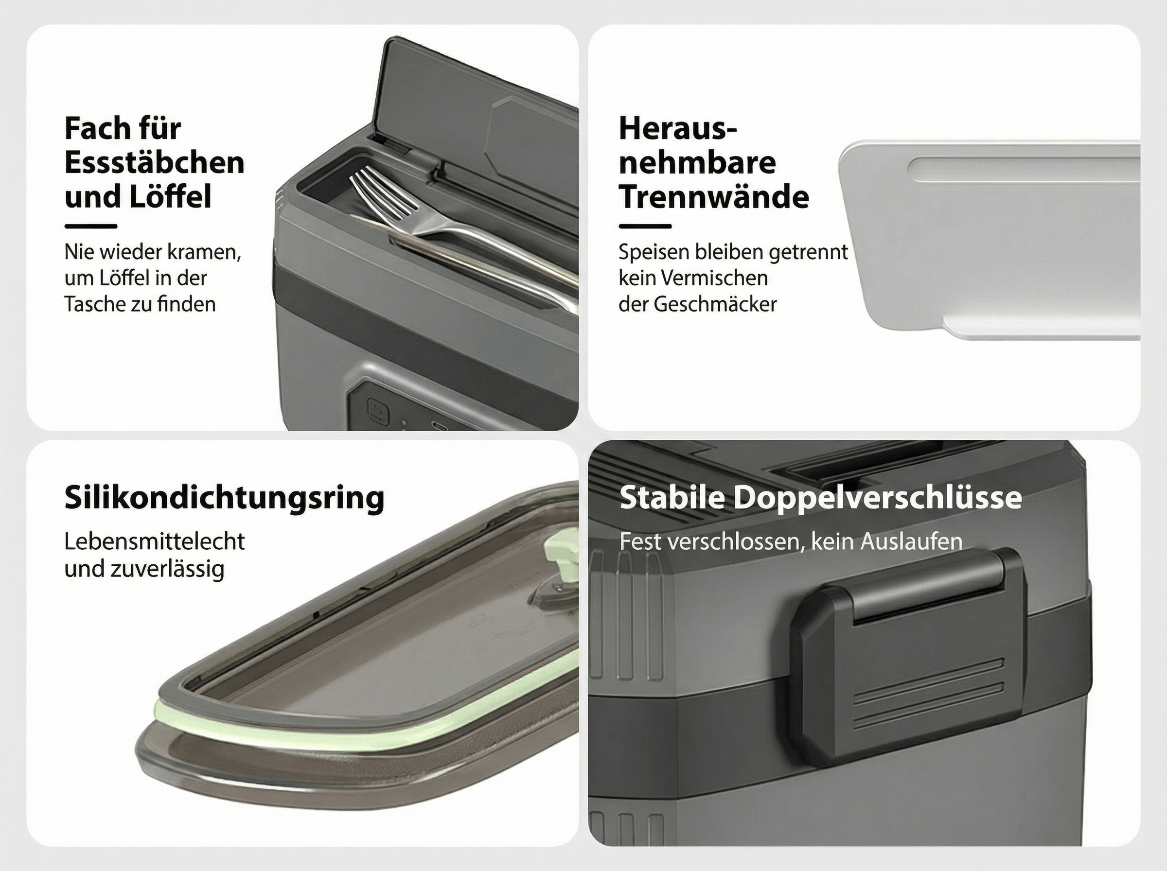 Besteckfach, herausnehmbare Trennwände, Dichtungsring, Doppelverschlüsse.