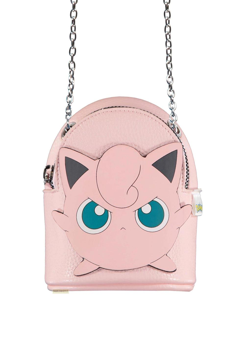 Eine rosa Jigglypuff-Tasche mit blauen Augen und einem Kettenriemen.