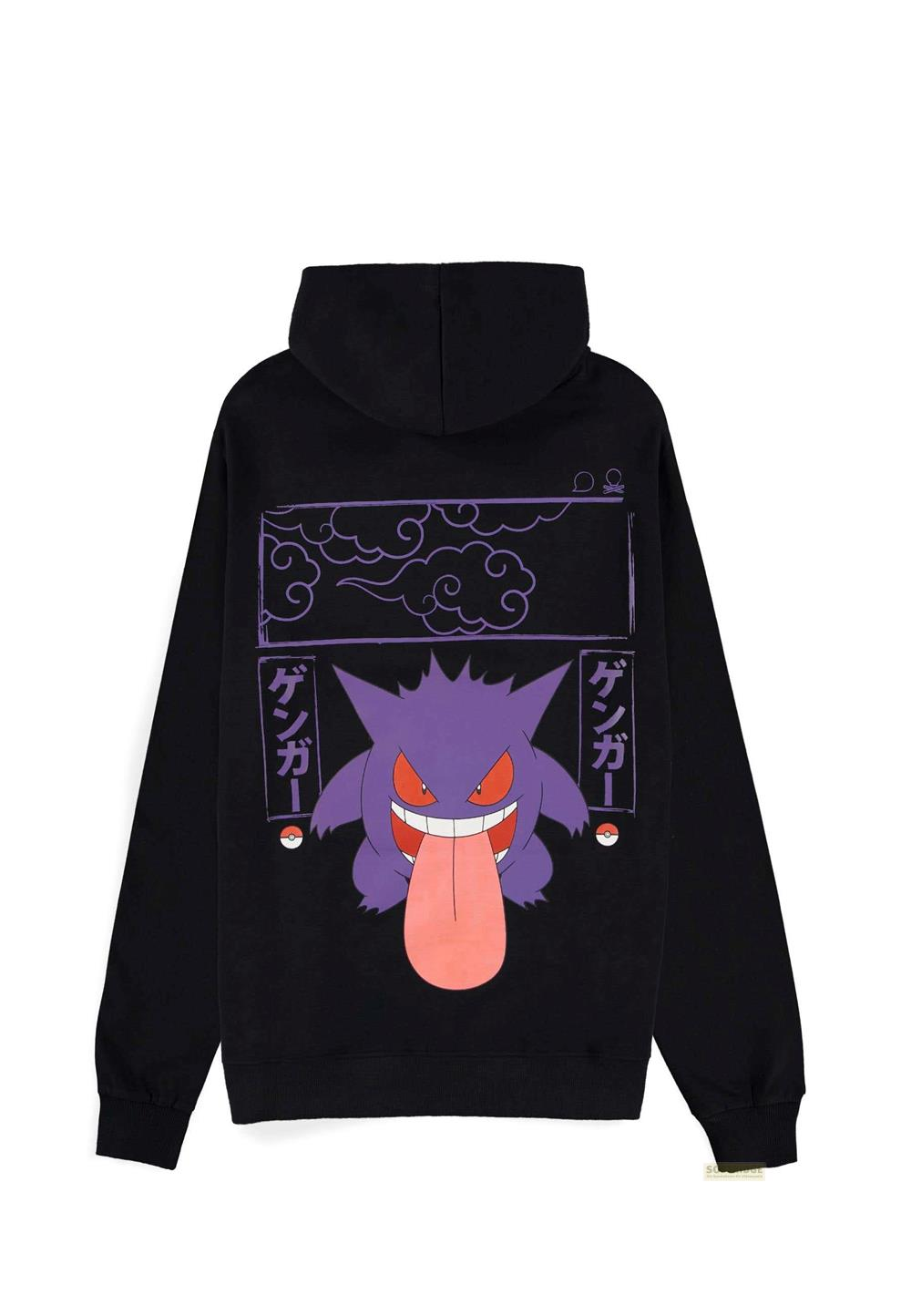 Ein schwarzer Hoodie mit lila Gengar-Grafik, Zunge herausgestreckt.