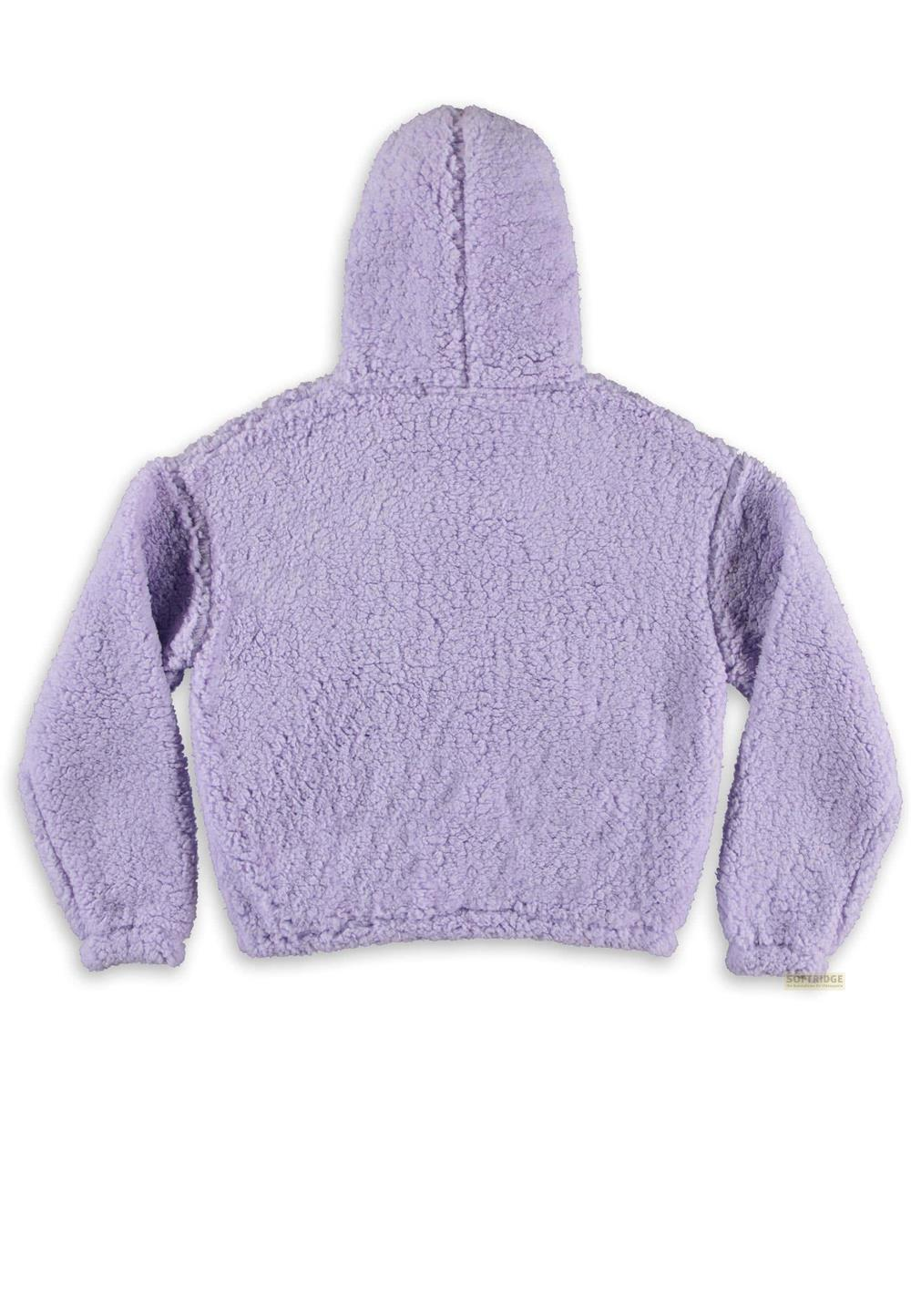 Ein lila Teddy-Kapuzenpullover, von hinten gesehen.