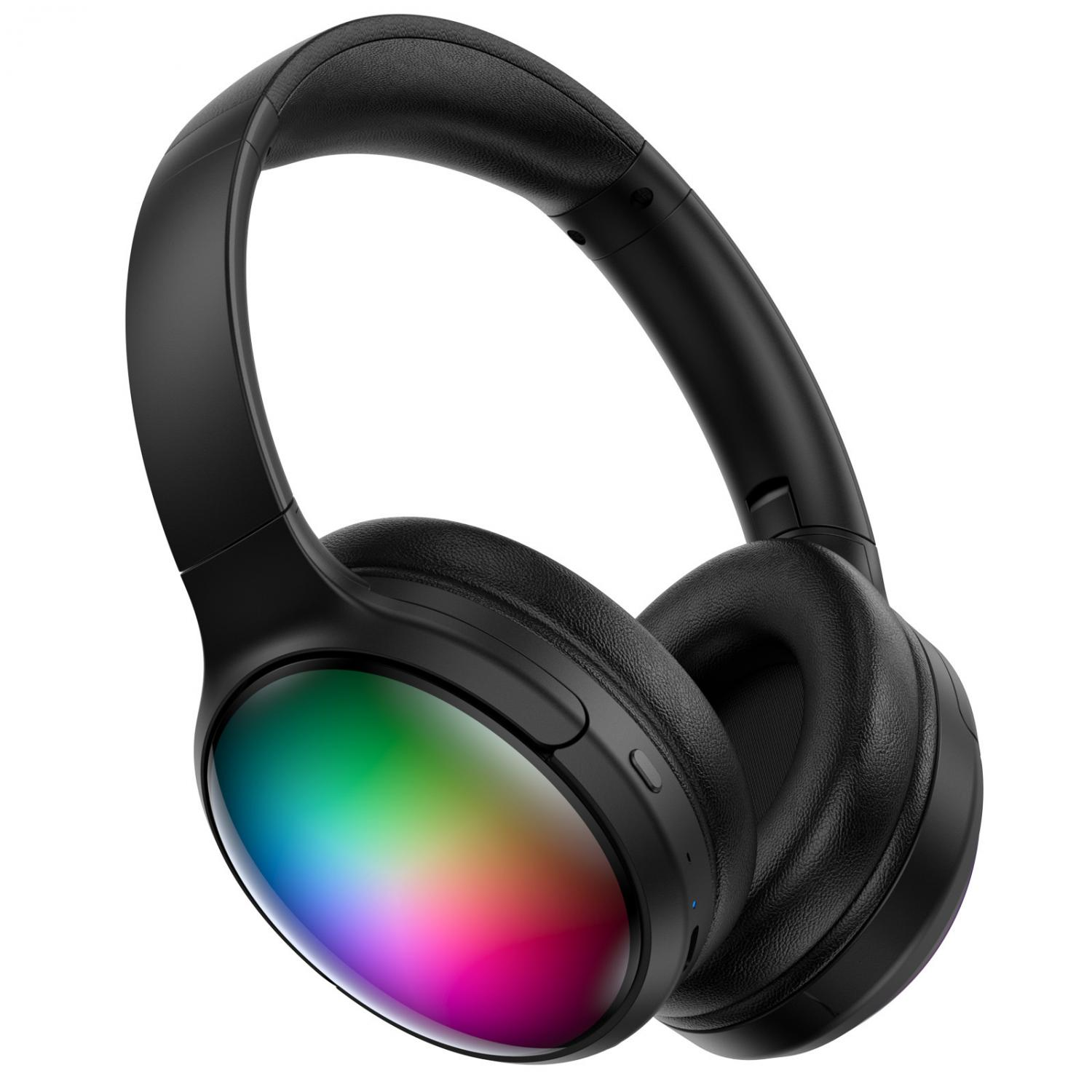 Schwarze Kopfhörer mit RGB-Beleuchtung auf den Ohrmuscheln.
