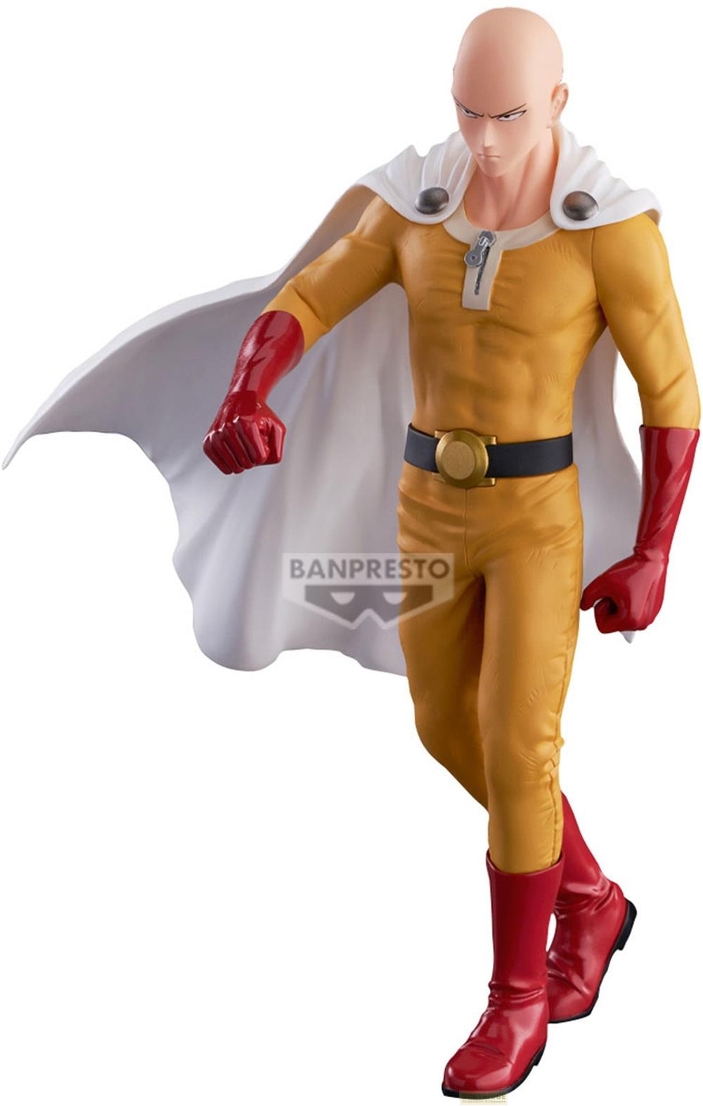 Saitama con traje amarillo, capa blanca, guantes y botas rojas.