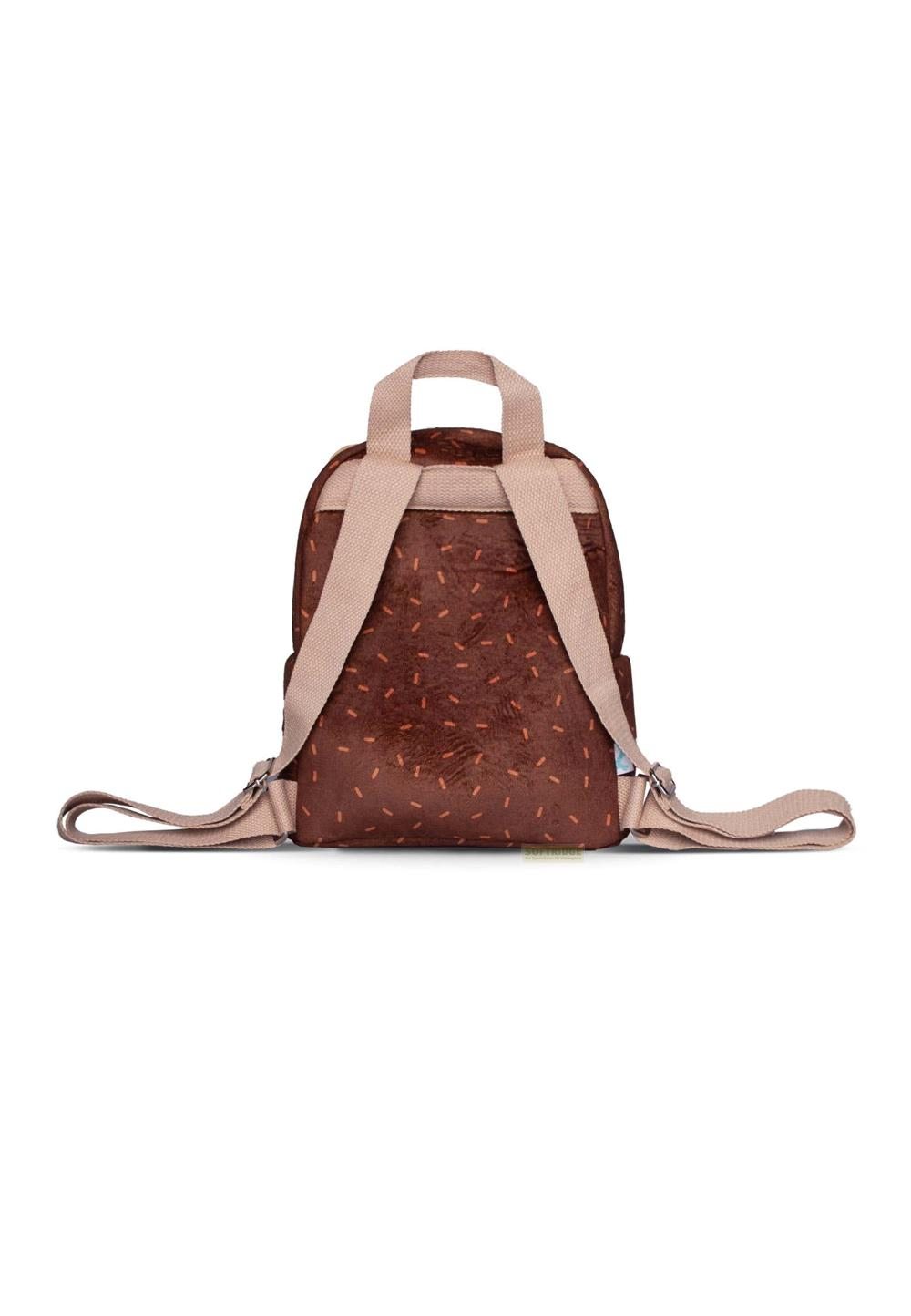 Brauner Rucksack mit Streifenmuster und beigen Trägern.