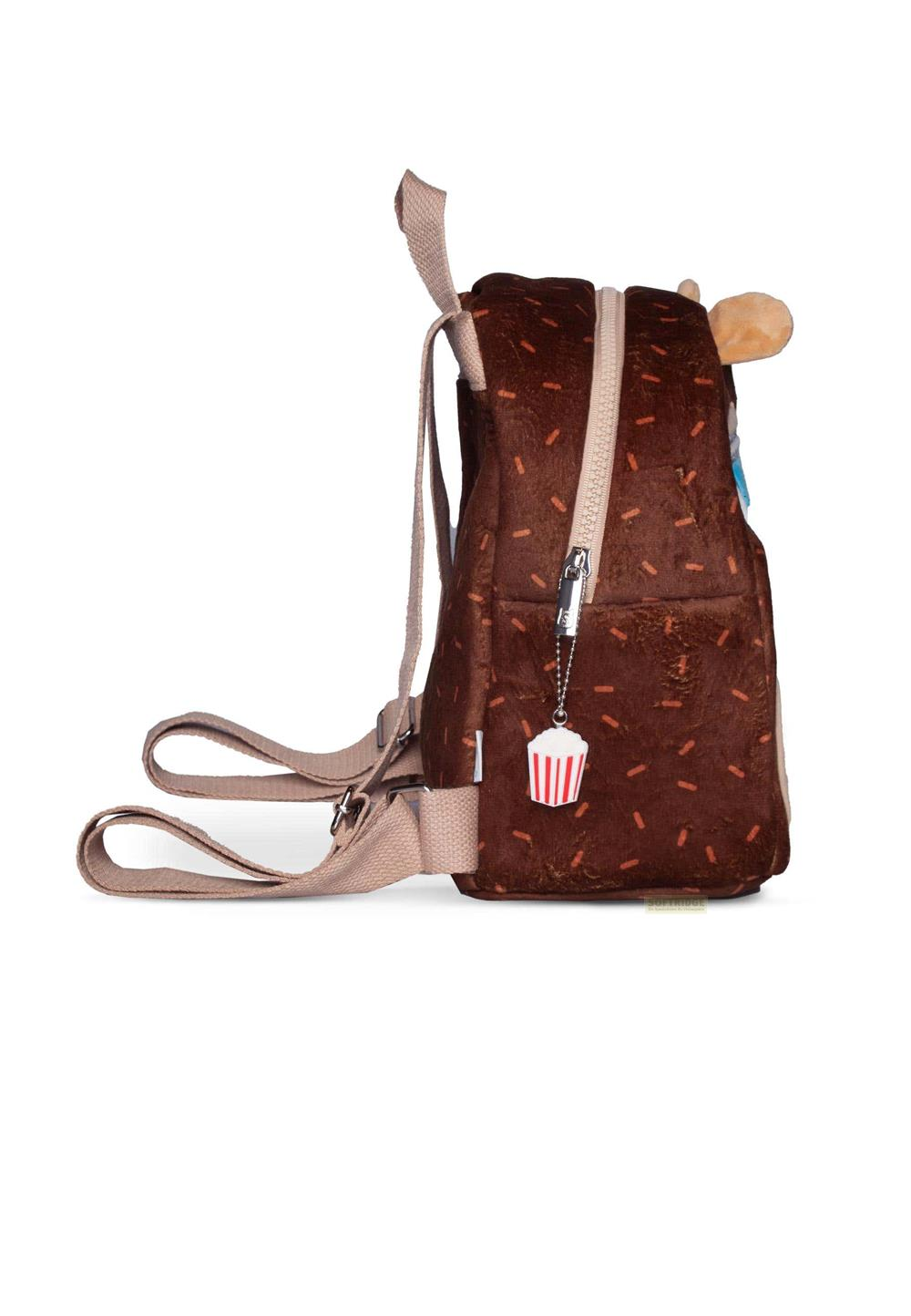 Brauner Rucksack mit Streifenmuster und Cupcake-Anhänger.