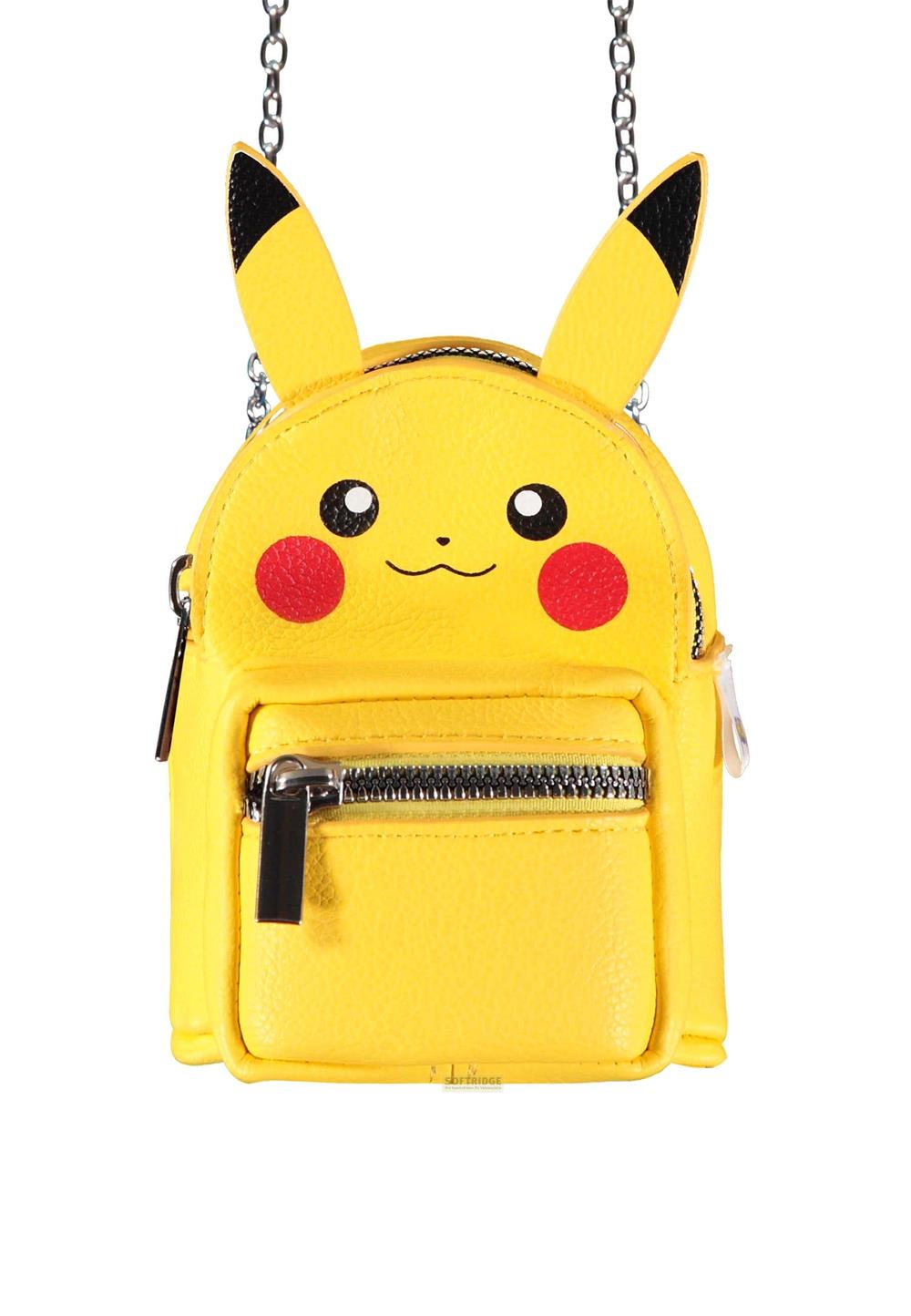 Gelbe Pikachu-Tasche mit Reißverschluss und Kettenriemen.
