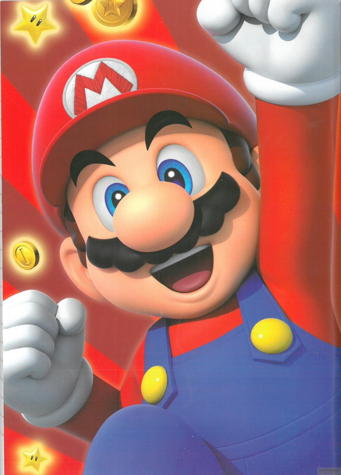 Mario trägt einen roten Hut und blaue Latzhose. Münzen und Sterne sind zu sehen.