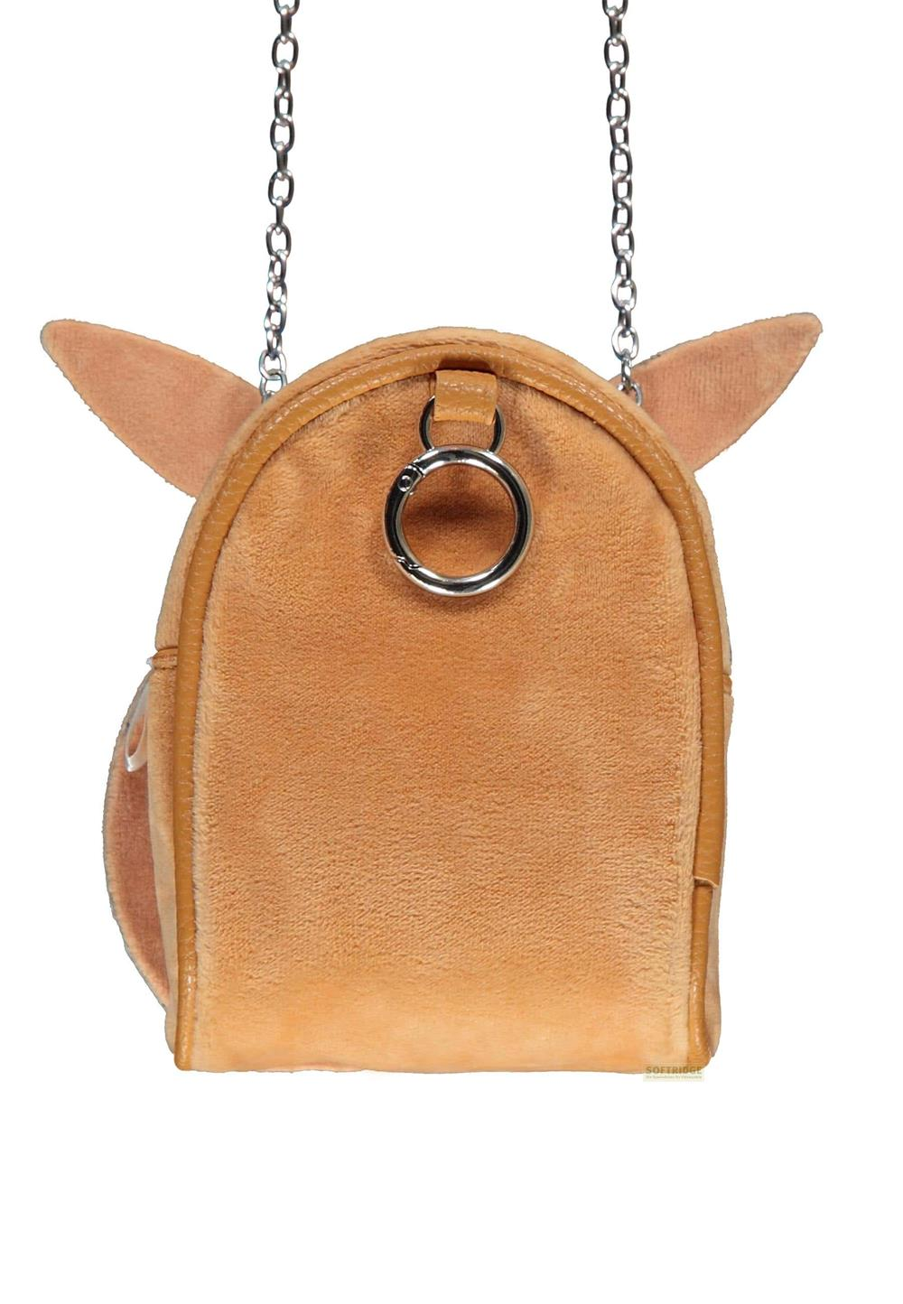 Eine braune Plüschtasche mit Ohren und silberner Kette.