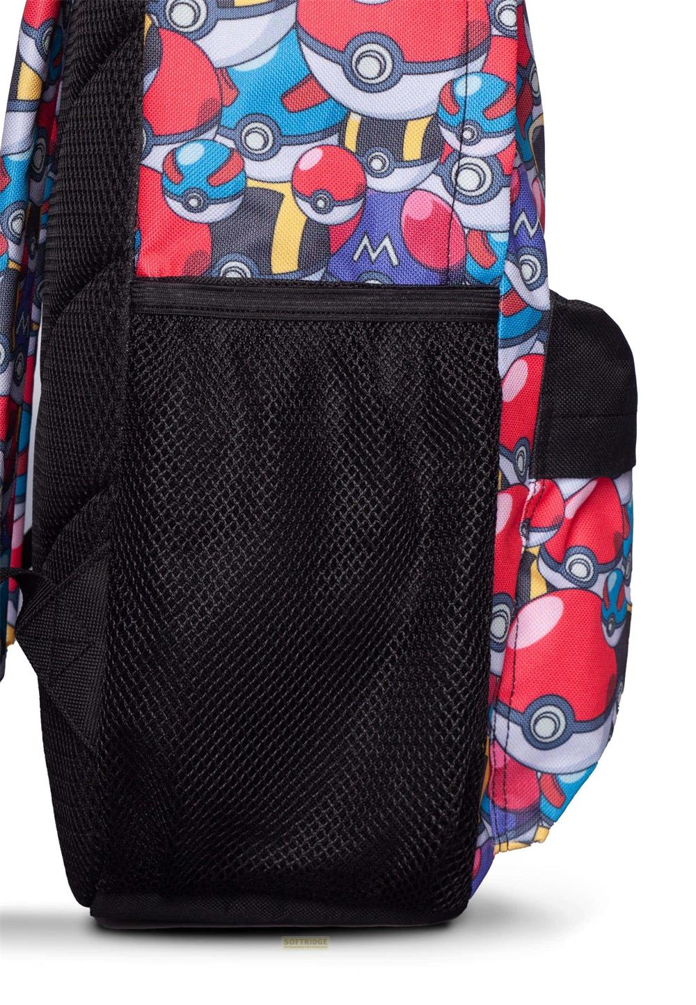 Rucksack mit Pokémon-Bällen und Netzfächern, Nahaufnahme der Seite.