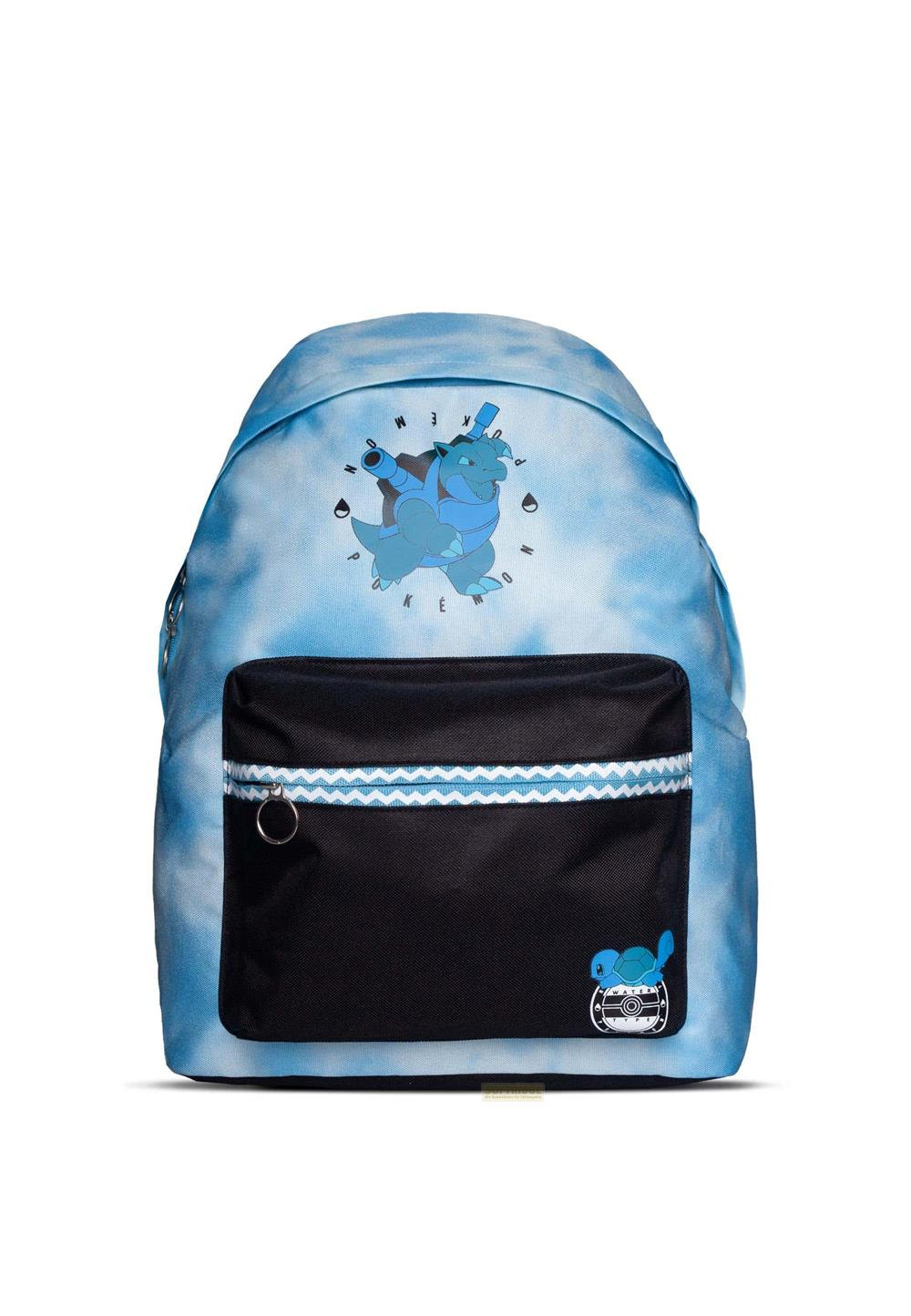 Ein blauer Rucksack mit blauem Wolkenmuster und Pokémon-Aufdrucken.