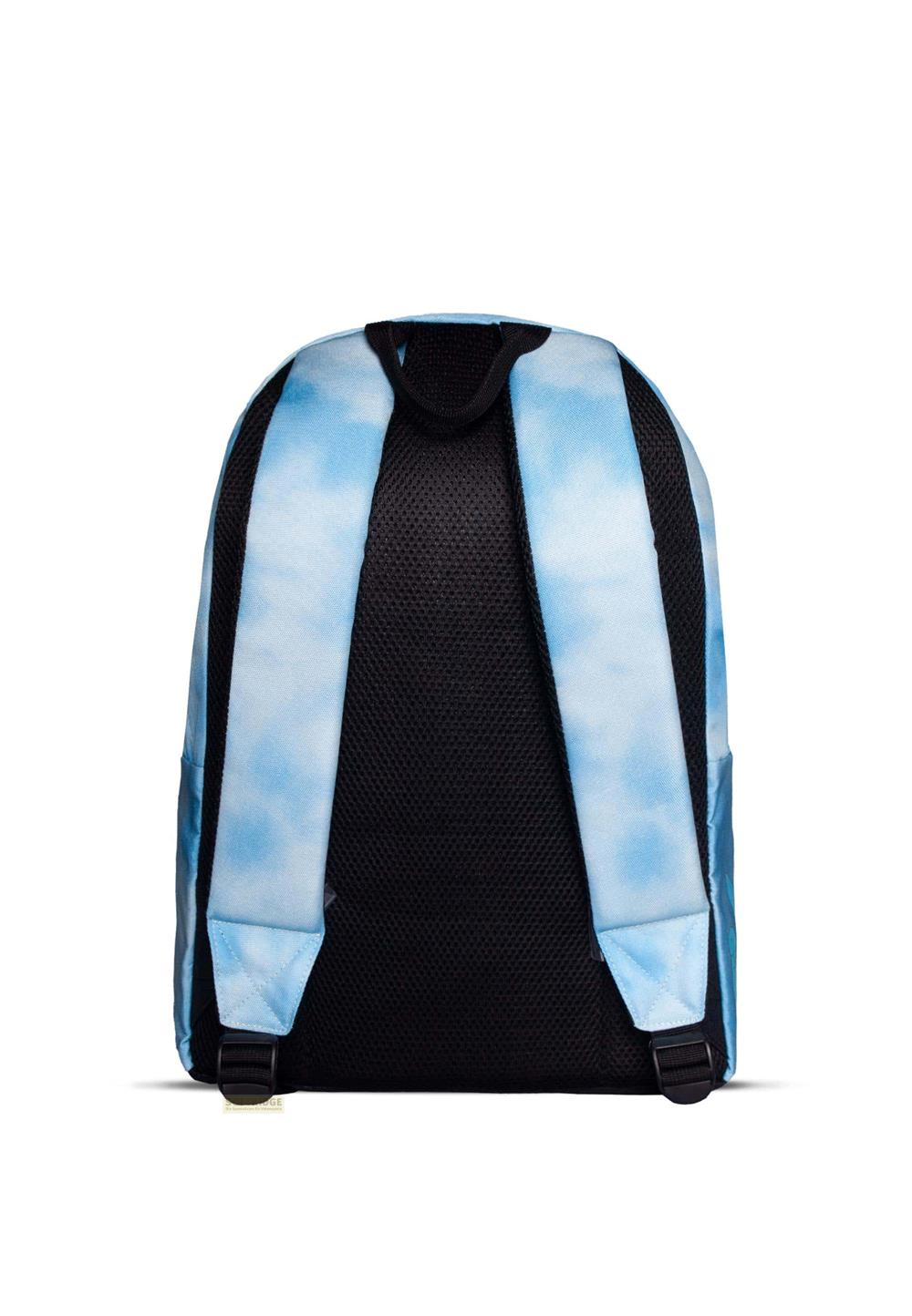 Ein blauer Rucksack mit Wolkenmuster und schwarzen Trägern.