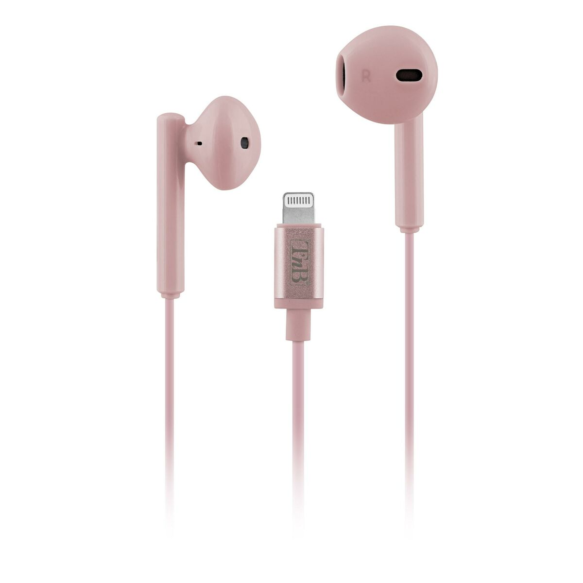 Auricolari rosa in-ear con connettore Lightning e logo TB.