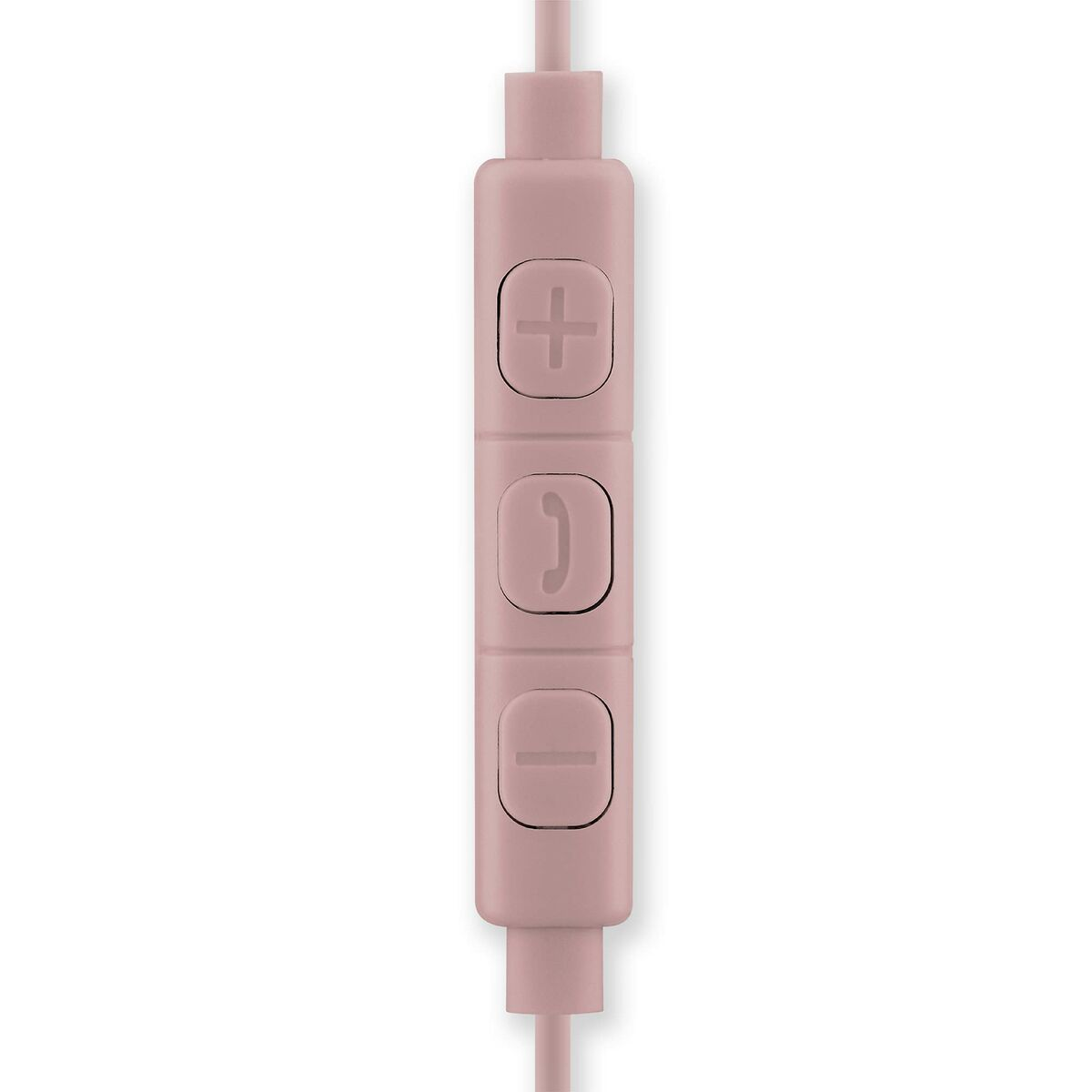 Un controllo in linea rosa per cuffie con pulsanti volume e chiamata.