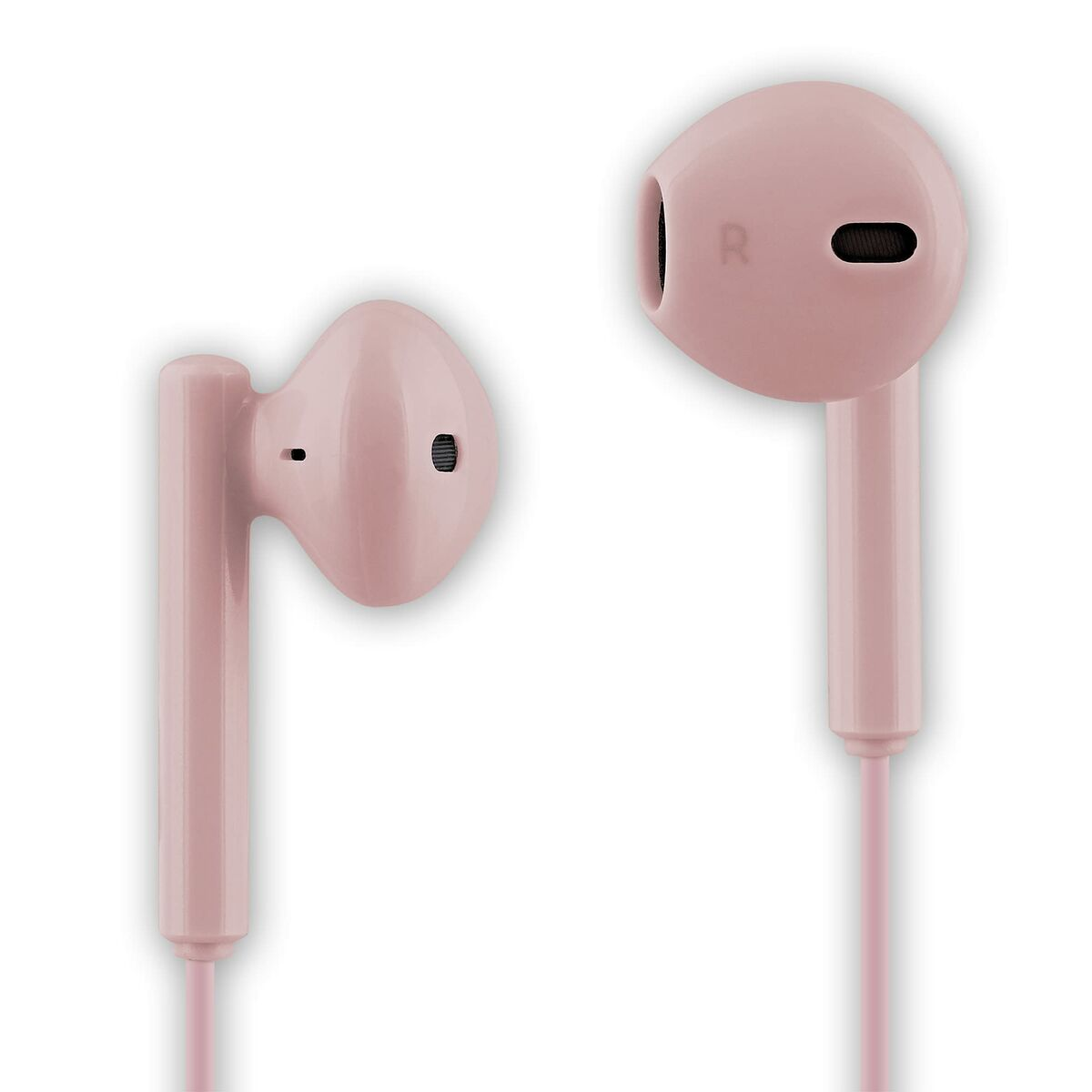 Coppia di auricolari rosa su sfondo bianco. Un auricolare mostra la marcatura 'R'.