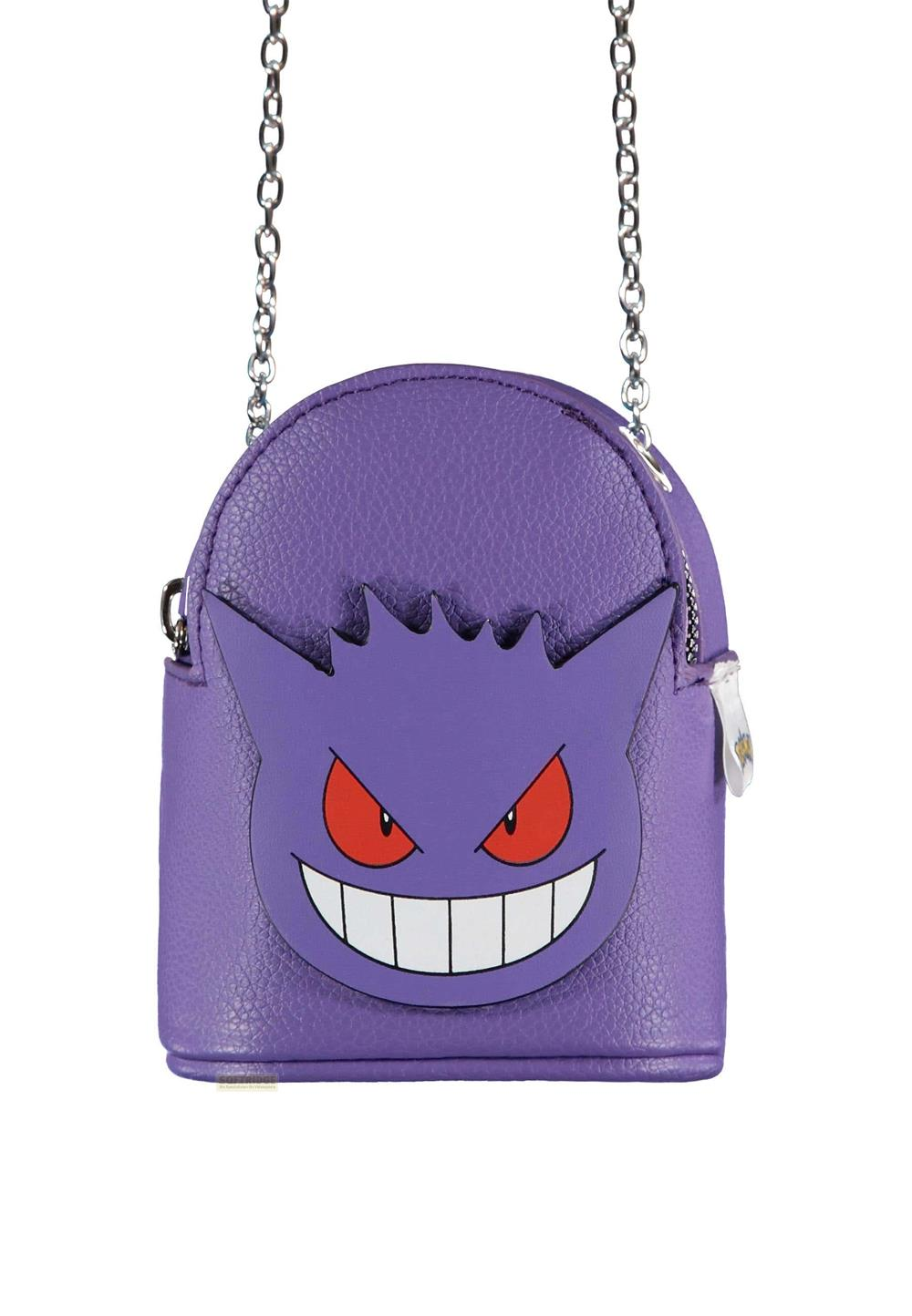 Eine lila Tasche mit dem Gesicht von Gengar, inklusive Kette.