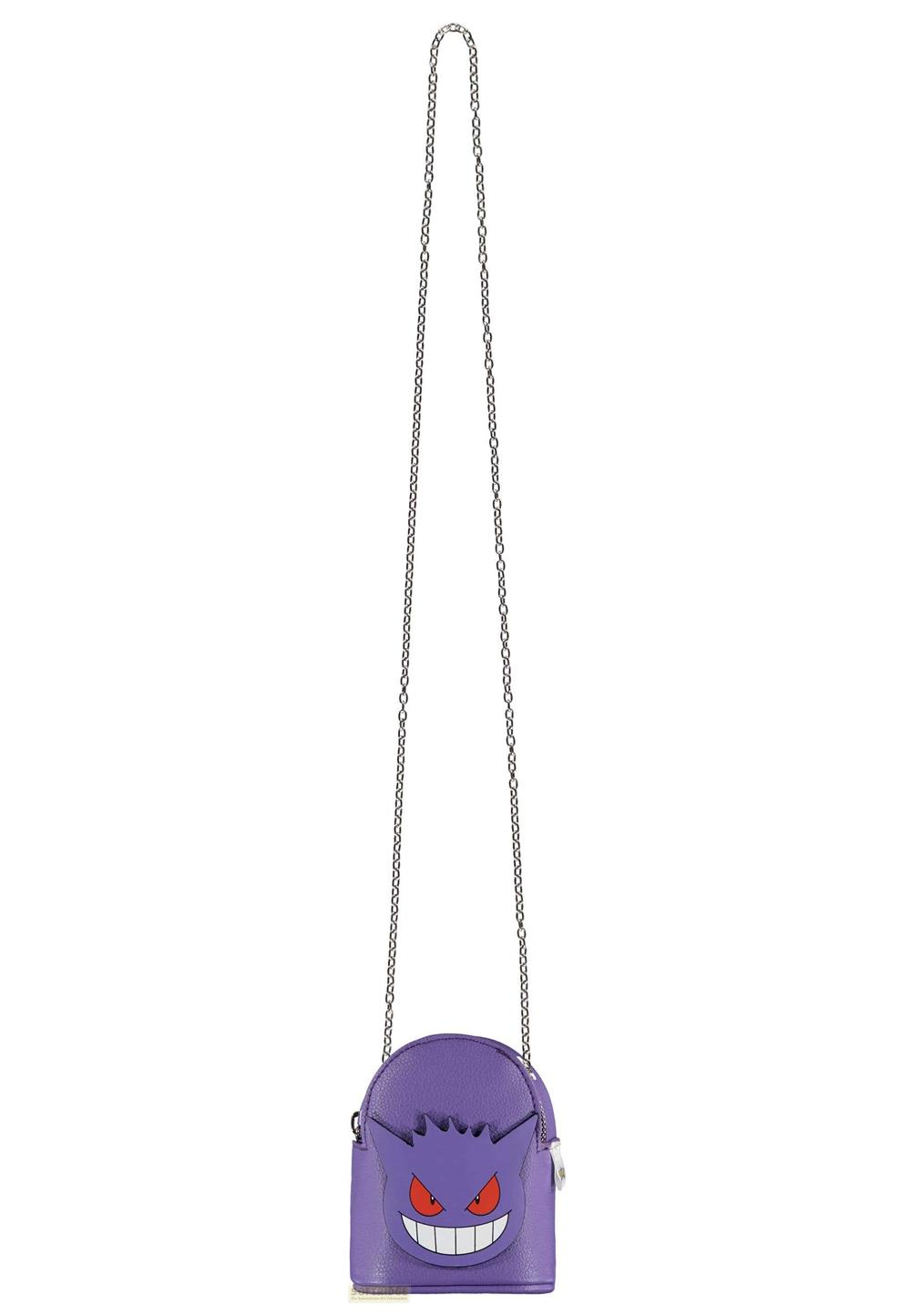 Eine kleine lila Tasche mit einem Gengar-Gesicht und einer silbernen Kette.