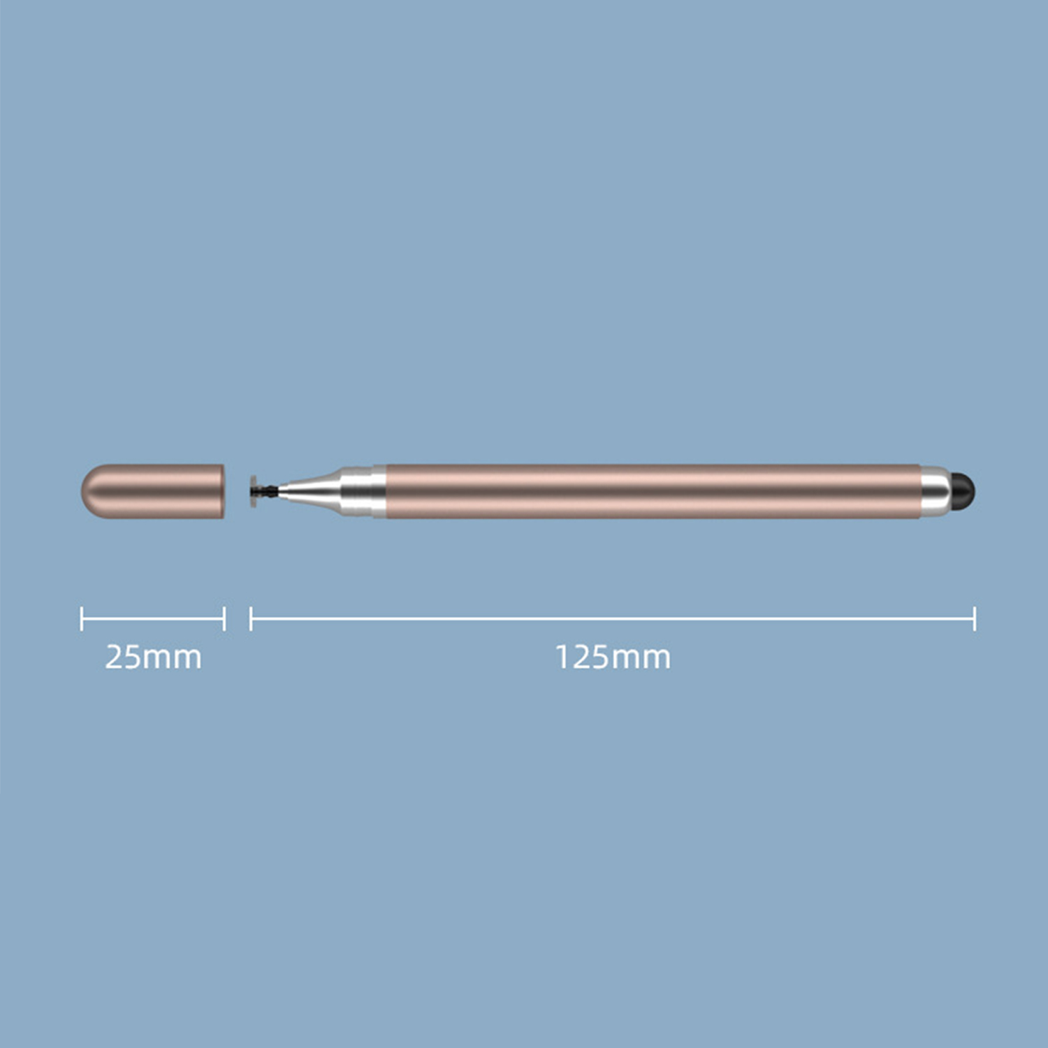 Ein roségoldener Touchpen mit abgenommener Kappe, 125 mm lang.