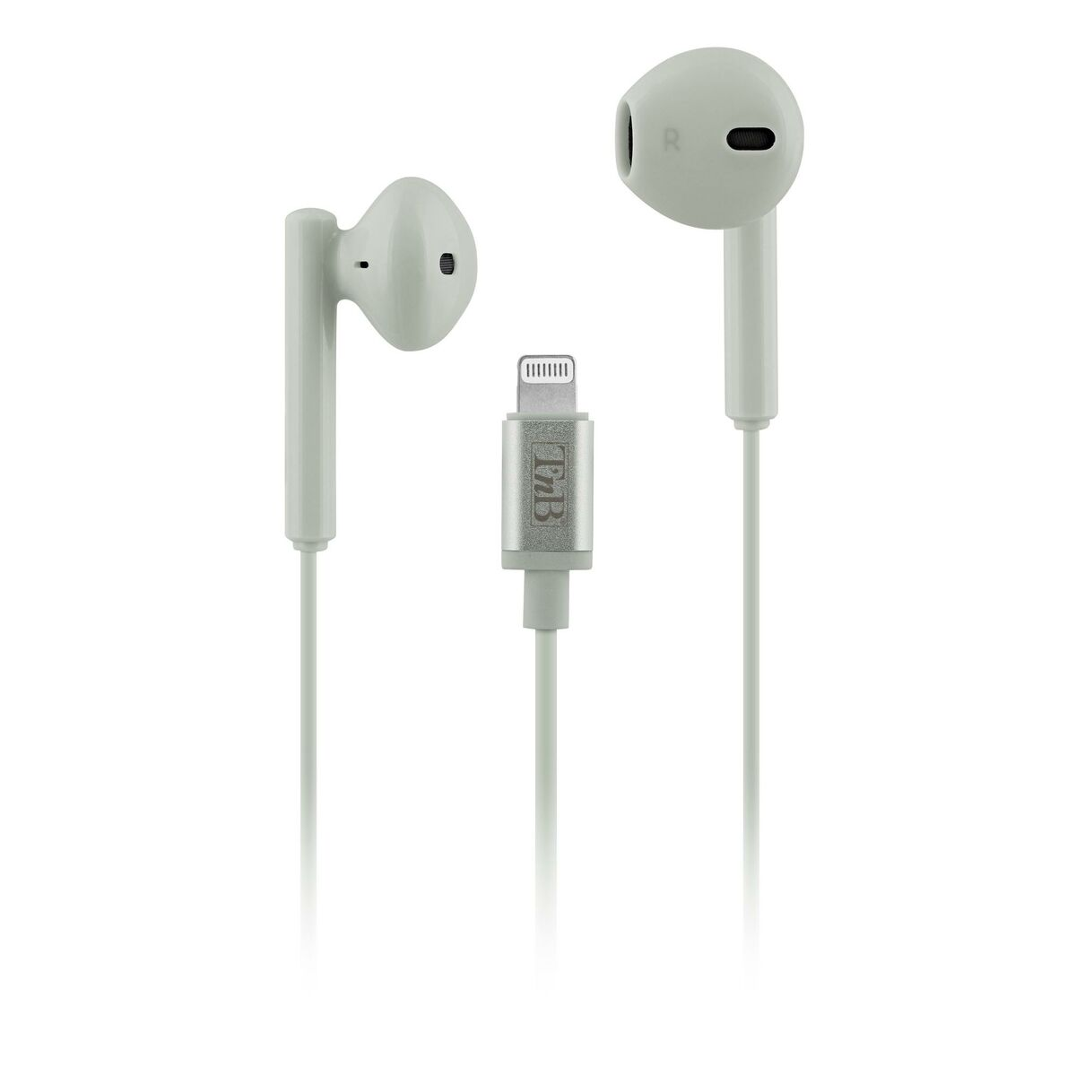 Auricolari bianchi con connettore Lightning e logo del marchio.