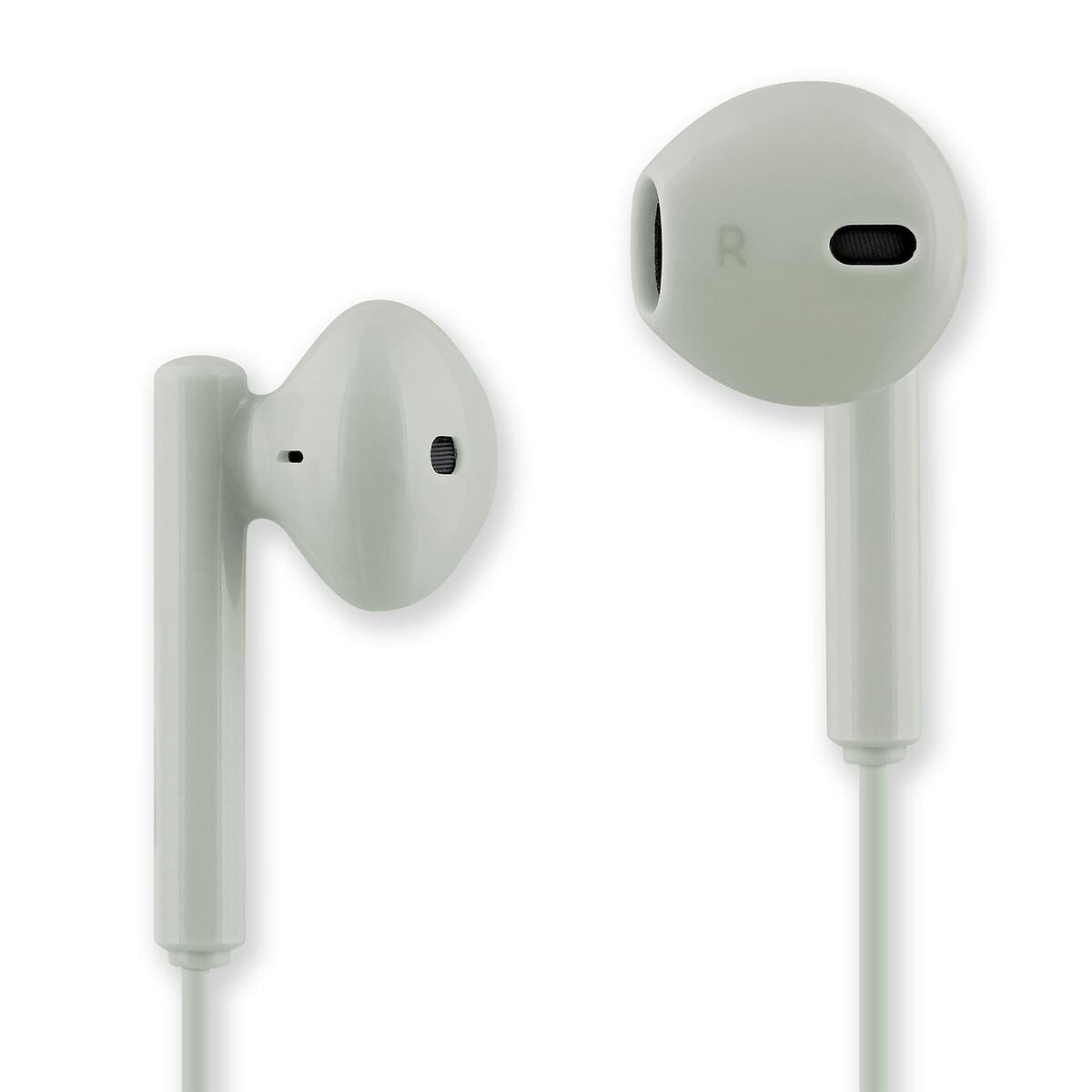 Un paio di auricolari bianchi con filo, isolati su sfondo bianco.