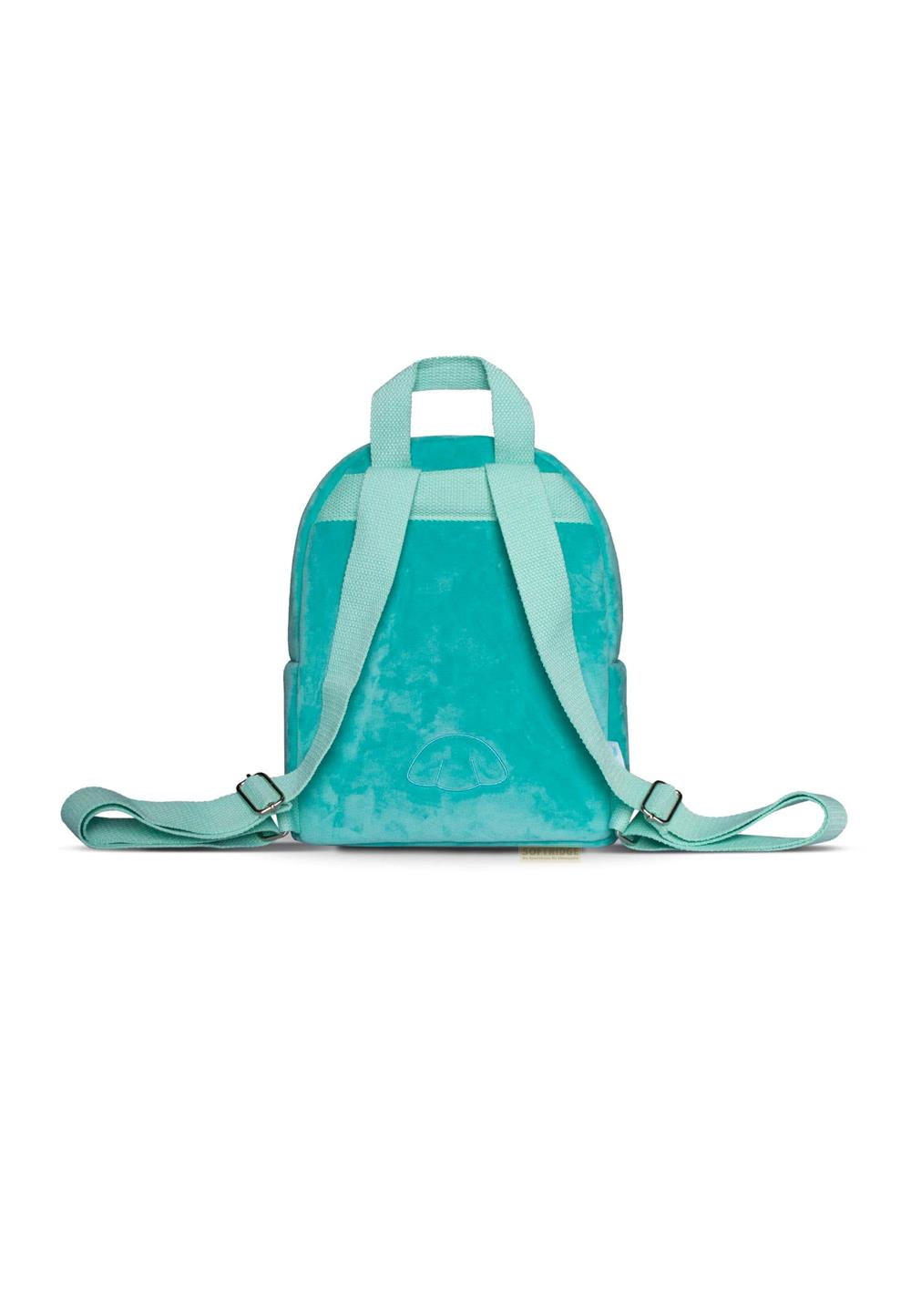 Ein türkisfarbener Rucksack aus Samt, von hinten gezeigt.