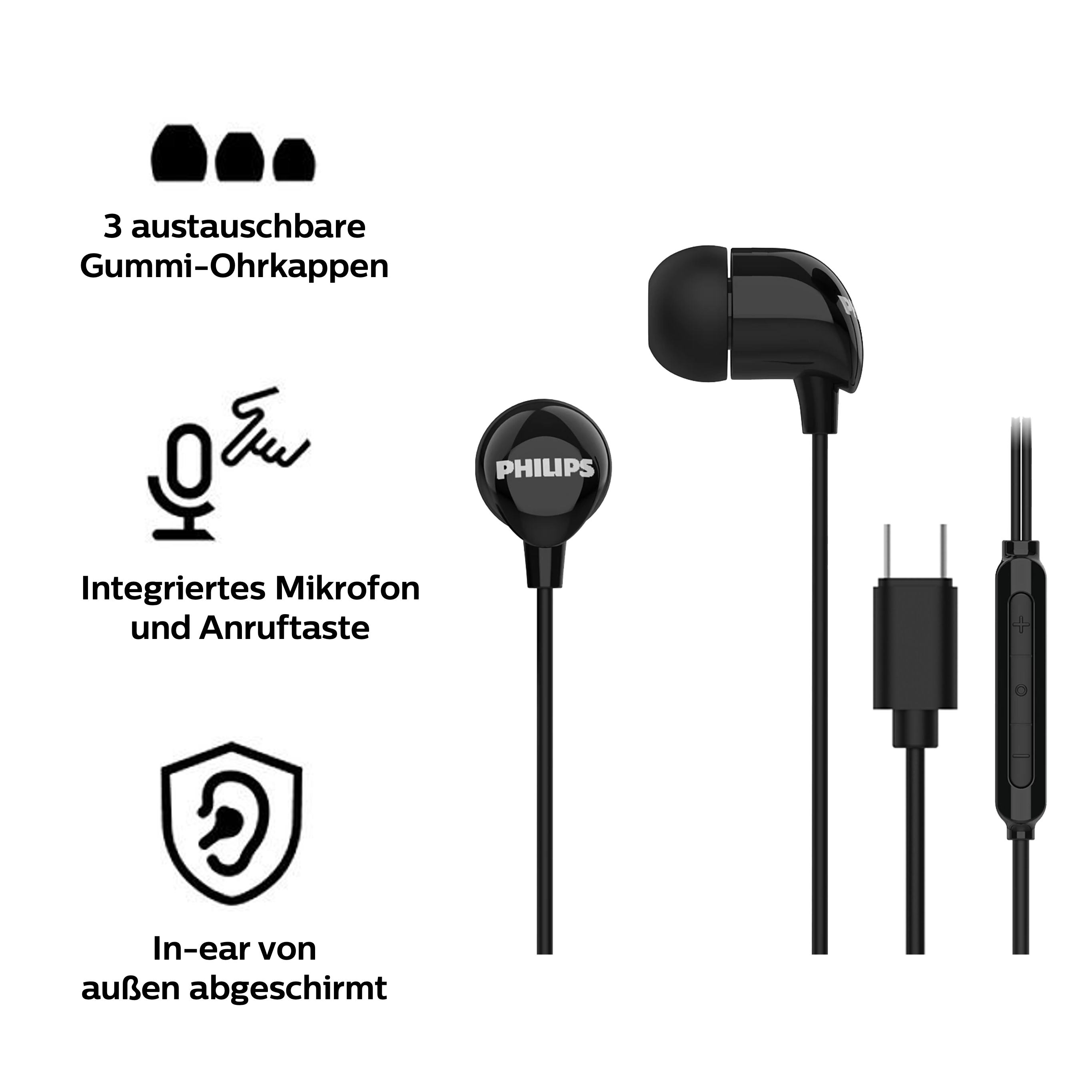 Schwarze Philips In-Ear Kopfhörer mit USB-C Stecker, Mikrofon und 3 Ohrkappen.